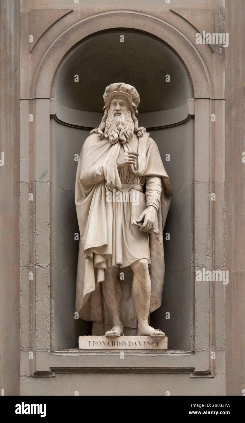Leonardo di ser Piero da Vinci (15. April 1452 - 2. Mai 1519) war ein italienischer Universalgelehrter, Maler, Bildhauer, Architekt, Musiker, Musiker, Mathematik, Ingenieur, Erfinder, Anatom, Geologe, Kartograf, Botaniker und Schriftsteller. Er gilt weithin als einer der größten Maler aller Zeiten und vielleicht der diversiellste talentierte Mensch, der jemals gelebt hat. Sein Genie, vielleicht mehr als das jeder anderen Figur, verkörperte das humanistische ideal der Renaissance. Leonardo wurde oft als Archetyp des Renaissance-Menschen bezeichnet. Stockfoto