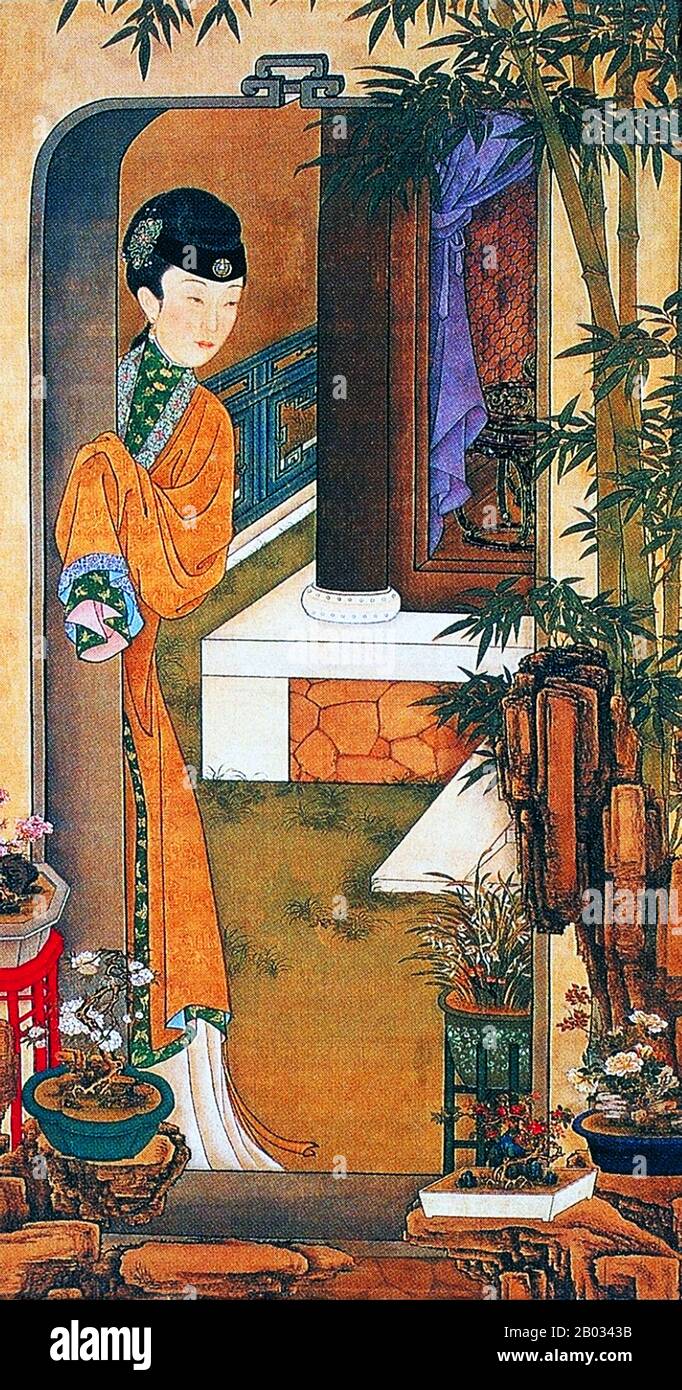 China: 'Lehnt sich in einem Torweg, während Sie Bambus betrachten', aus dem Yongzheng Shier meiren tu oder 'zwölf Schönheiten des Prinzen Yong', Qing Dynastie Hofbild, Anfang 18. Jahrhundert. Als Yongzheng noch ein Prinz war, beauftragte er eine wunderschöne Reihe von Gemälden, um eine Leinwand in der Deep Willows Reading Hall zu schmücken, eine Studie in seinem privaten Viertel im Sommerpalast. Ein kaiserlicher Garten im Nordwesten von Peking, wurde der Sommerpalast dem jungen Prinzen im Jahr 1709 von seinem Vater, dem Kangxi Kaiser (r. 1662-1722). Stockfoto