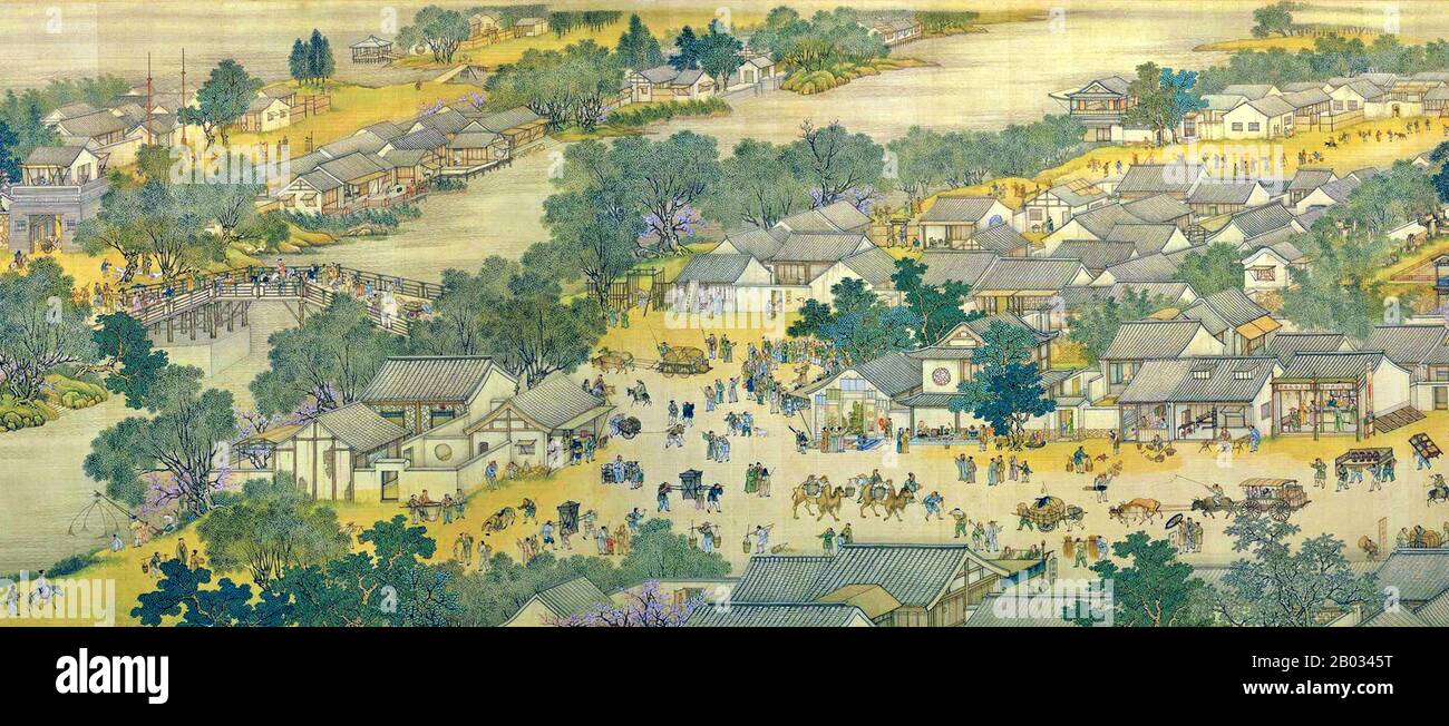 "Entlang des Flusses Während des Qingming-Festivals" ist ein Gemälde des Song-Dynastie-Künstlers Zhang Zeduan (1085-1145). Sie erfasst den Alltag der Menschen und die Landschaft der nördlichen Song-Hauptstadt Bianjing, dem heutigen Kaifeng. Das Thema soll den festlichen Geist und die weltliche Aufregung auf dem Qingming-Festival feiern, statt die zeremoniellen Aspekte des Urlaubs, wie Grabfegen und gebeten. Aufeinanderfolgende Szenen enthüllen den Lebensstil aller Ebenen der Gesellschaft von Reich zu Arm sowie verschiedene Wirtschaftstätigkeiten in ländlichen Gebieten und der Stadt und bieten Einblicke in die Kleidung der Epoche Stockfoto