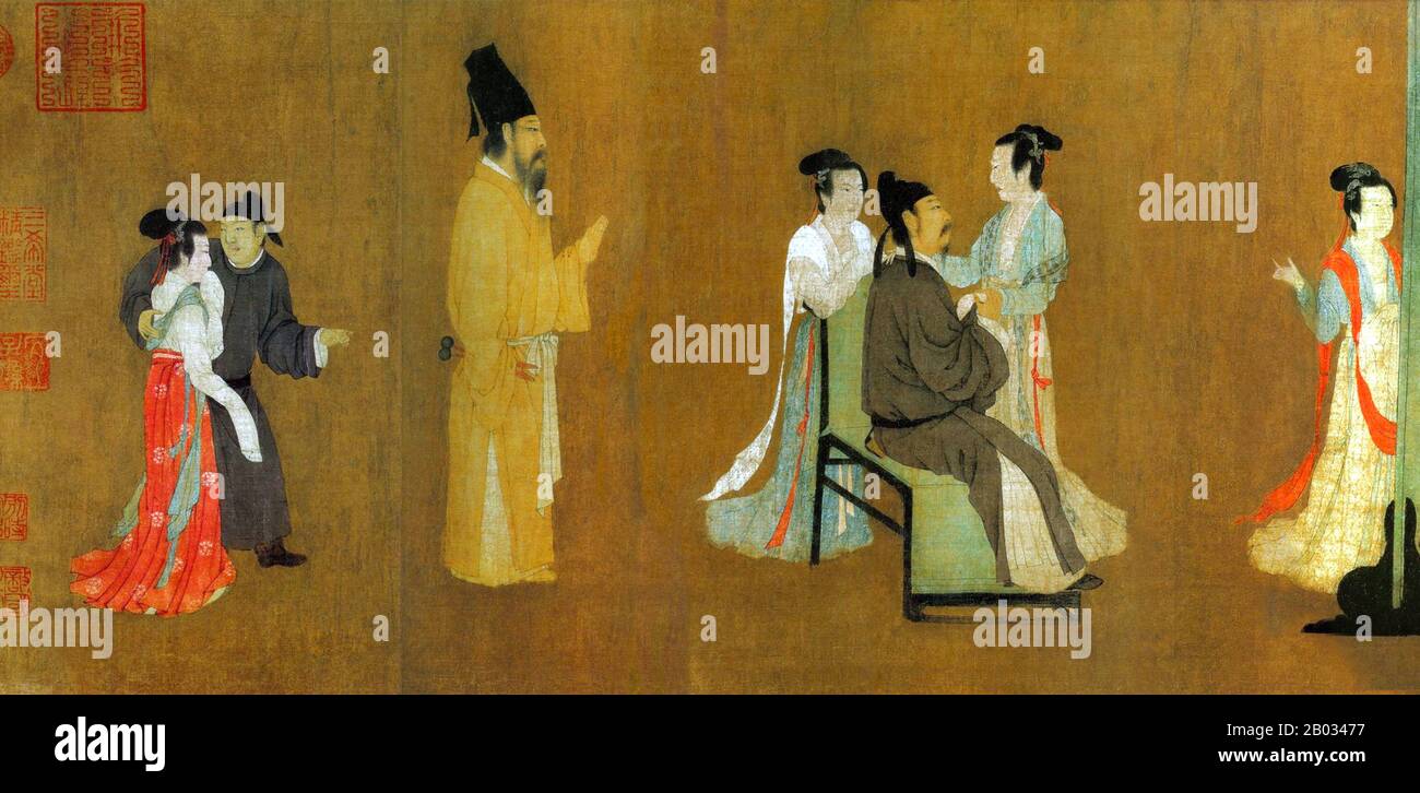"Die Nachtrevels von Han Xizai" ist eine bemalte Schriftrolle, die Han Xizai, einen Minister des südlichen Tang-Kaiser Li Yu (937-978), darstellt. Dieses narrative Gemälde ist in fünf verschiedene Abschnitte unterteilt: Han Xizai hört auf die Pipa, beobachtet Tänzer, nimmt sich eine Ruhe, hört Musik und sieht dann die Gäste aus. Das von Gu Hongzhong (937-975) gemalte Original ist verloren, aber eine Kopie aus dem 12. Jahrhundert, die im Palastmuseum in Peking untergebracht ist, überlebt (hier wiedergegeben). Der vollständige Bildlauf sollte von rechts nach links angezeigt werden. Stockfoto