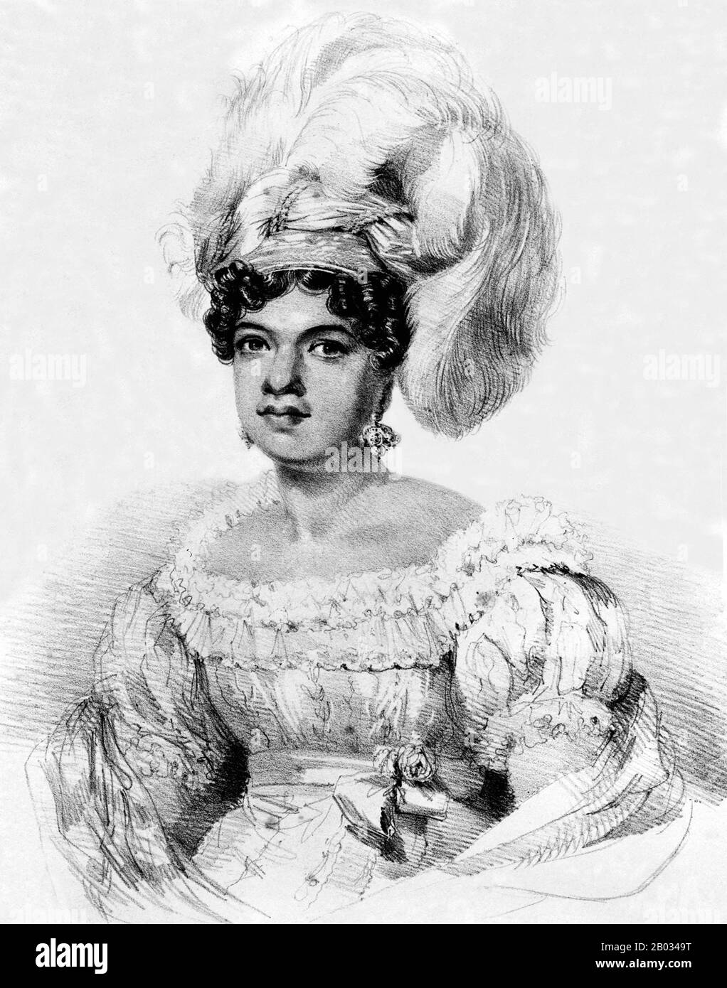 Kamamalu Kalan Ku'ana-o-Kamehamalu Kekuaiwa-o-kalani Keali-Ho'opili-a-Walu (1802-1824) war Königin Consort des Königreichs Hawaii als Ehefrau von König Kamehameha II 1823 verließen Kamehameha II. Und Kamamalu die Sandwichinseln nach London und trafen dort im Mai 1824 zu einem Staatsbesuch bei König Georg IV. Ein In London wurde die königliche Party mit der neuesten Mode ausgestattet und besuchte Oper und Ballett im Theatre Royal in der Drury Lane. Viele Londoner Damen suchten nach den Mustern des Turbans, der ihren Kopf schmückte. Sie sorgte für Aufmerksamkeit, weil sie über 6 Fuß groß war und auffallend verschönerte Stockfoto