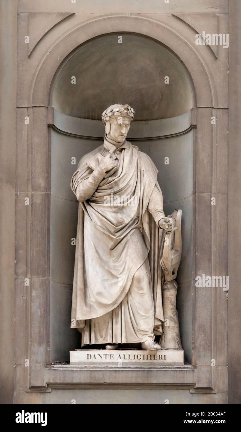 Durante degli Alighieri, einfach Dante genannt (c 1265 - 1321), war ein bedeutender italienischer Dichter des Spätmittelalters. Seine göttliche Komödie, die ursprünglich Comedìa hieß und später Divina von Boccaccio getauft wurde, gilt weithin als das größte literarische Werk, das in italienischer Sprache verfasst wurde und ein Meisterwerk der Weltliteratur ist. Stockfoto