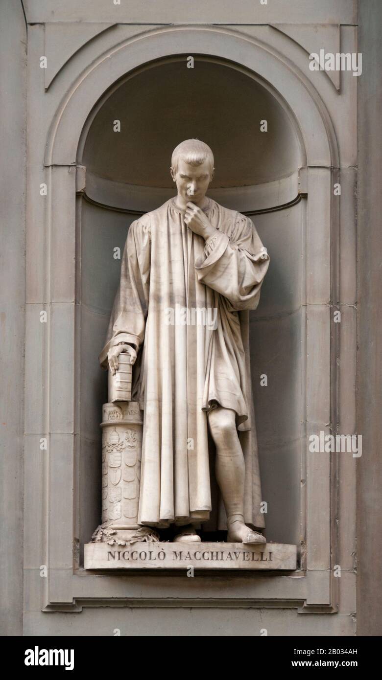 Niccolò di Bernardo dei Machiavelli (* 3. Mai 1469 in Florenz; † 21. Juni 1527) war ein florentinischer Historiker, Politiker, Diplomat, Philosoph, Humanist und Schriftsteller während der Renaissance. Er war viele Jahre lang Beamter in der Florentiner Republik, mit Zuständigkeiten in diplomatischen und militärischen Angelegenheiten. Machiavelli war ein Begründer der modernen Politikwissenschaft, genauer der politischen Ethik. Er schrieb auch Komödien, Karnevalslieder und Lyrik. Seine persönliche Korrespondenz ist in italienischer Sprache bekannt. Er war Sekretär der Zweiten Chancery der Republik Florenz von 1498 bis 1512, als der Stockfoto
