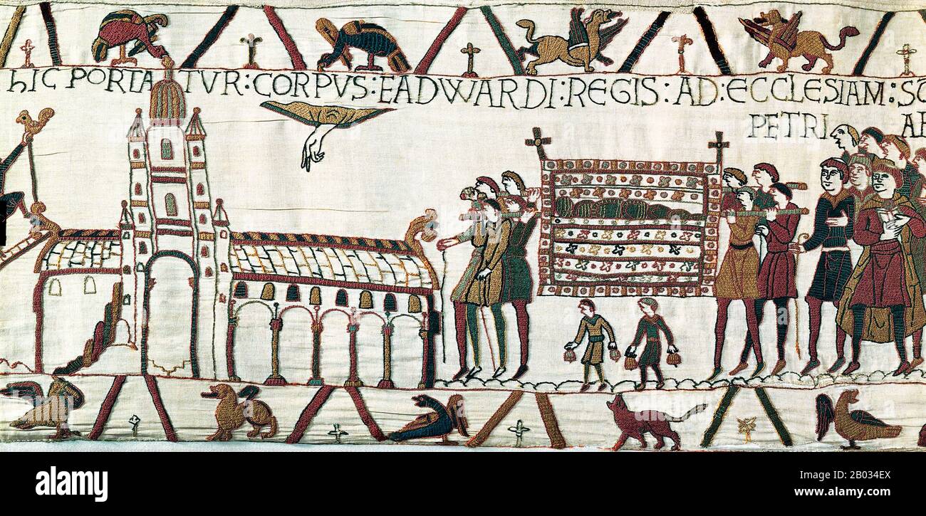 Edward the Confessor (1003 - 5. Januar 1066), auch bekannt als Saint Edward the Confessor, gehörte zu den letzten angelsächsischen Königen Englands und galt in der Regel als der letzte König des Hauses Wessex, der von 1042 bis 1066 regierte. Zwischen 1042 und 1052 begann Edward The Confessor mit dem Wiederaufbau der St Peter's Abbey in London, um sich eine königliche Grabkirche zu verschaffen. Es war die erste Kirche in England, die im Stil der Romanik erbaut wurde. Das Gebäude wurde erst um 1090 fertiggestellt, aber am 28. Dezember 1065 eingeweiht. Die einzige extante Darstellung von Edward's Abteikirche, zusammen mit dem angrenzenden Palast von Wes Stockfoto