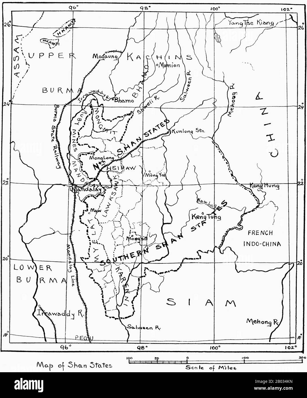Die Föderierten Shan-Staaten waren die Bezeichnung für eine administrative Aufteilung des britischen Empires, die von den Shan-Staaten und den Karenni-Staaten während der britischen Herrschaft in Birma gebildet wurde. Unter der britischen Kolonialverwaltung bestanden die ehemaligen Fürstenstaaten Shan aus nominell souveränen Einheiten, die jeweils von einem lokalen Monarchen regiert wurden, aber von einem einzigen britischen kommissar verwaltet wurden. Am 10. Oktober 1922 wurden die Verwaltungen der Karenni-Staaten und der Shan-Staaten offiziell zusammengeführt, um die Föderierten Shan-Staaten unter einem britischen kommissar zu gründen, der auch die Wa S verwaltete Stockfoto