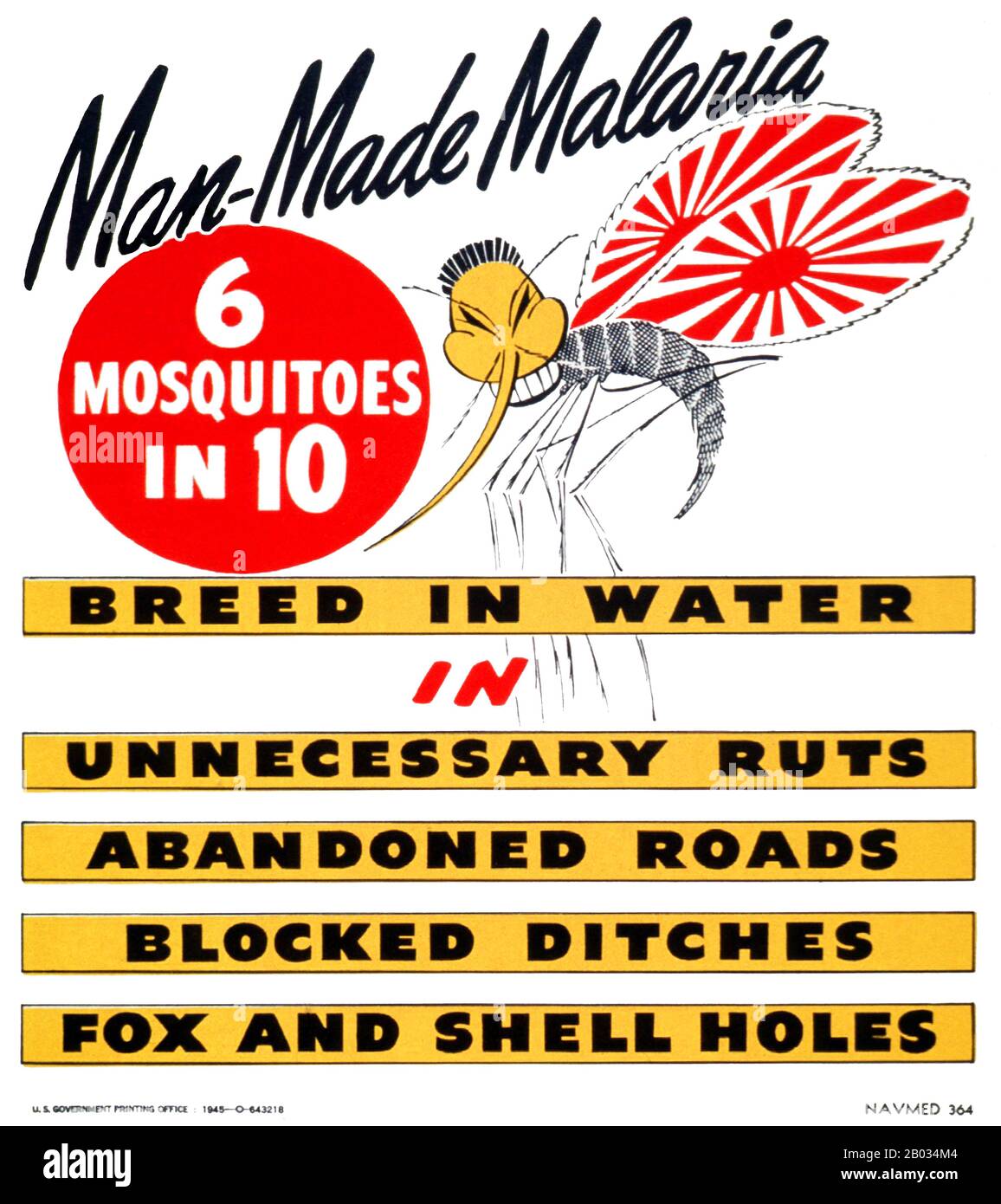 Propagandaplakat und Gesundheitsplakat des US Navy Bureau of Medicine and Surgery aus den Jahren 1944-45, das eine Anti-Malarial-Kampagne mit Hilfe einer Mücke mit "japanischen" Merkmalen und Flügeln der Kaiserlich japanischen Marine propagiert. Stockfoto
