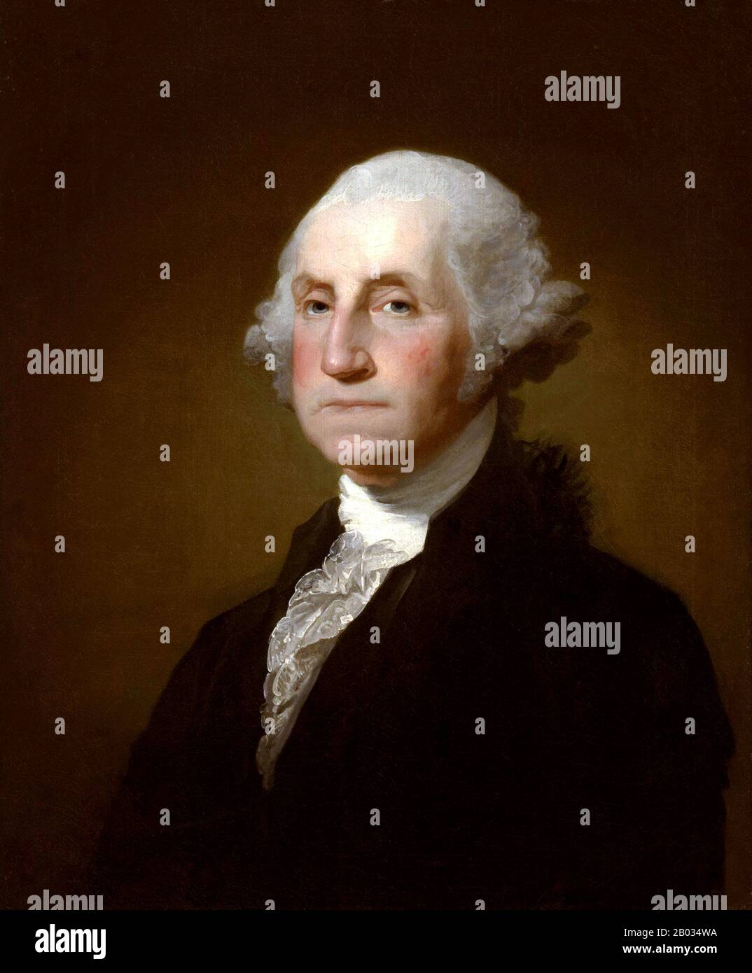 George Washington (22. Februar 1732 - 14. Dezember 1799) war der erste Präsident der Vereinigten Staaten (1789-97), der Oberbefehlshaber der kontinentalen Armee während des amerikanischen Unabhängigkeitskrieges und einer der Gründungsväter der Vereinigten Staaten. Er leitete den Konvent, der die aktuelle Verfassung der Vereinigten Staaten entworfen hatte und zu seinen Lebenszeit "Vater seines Landes" genannt wurde. Stockfoto