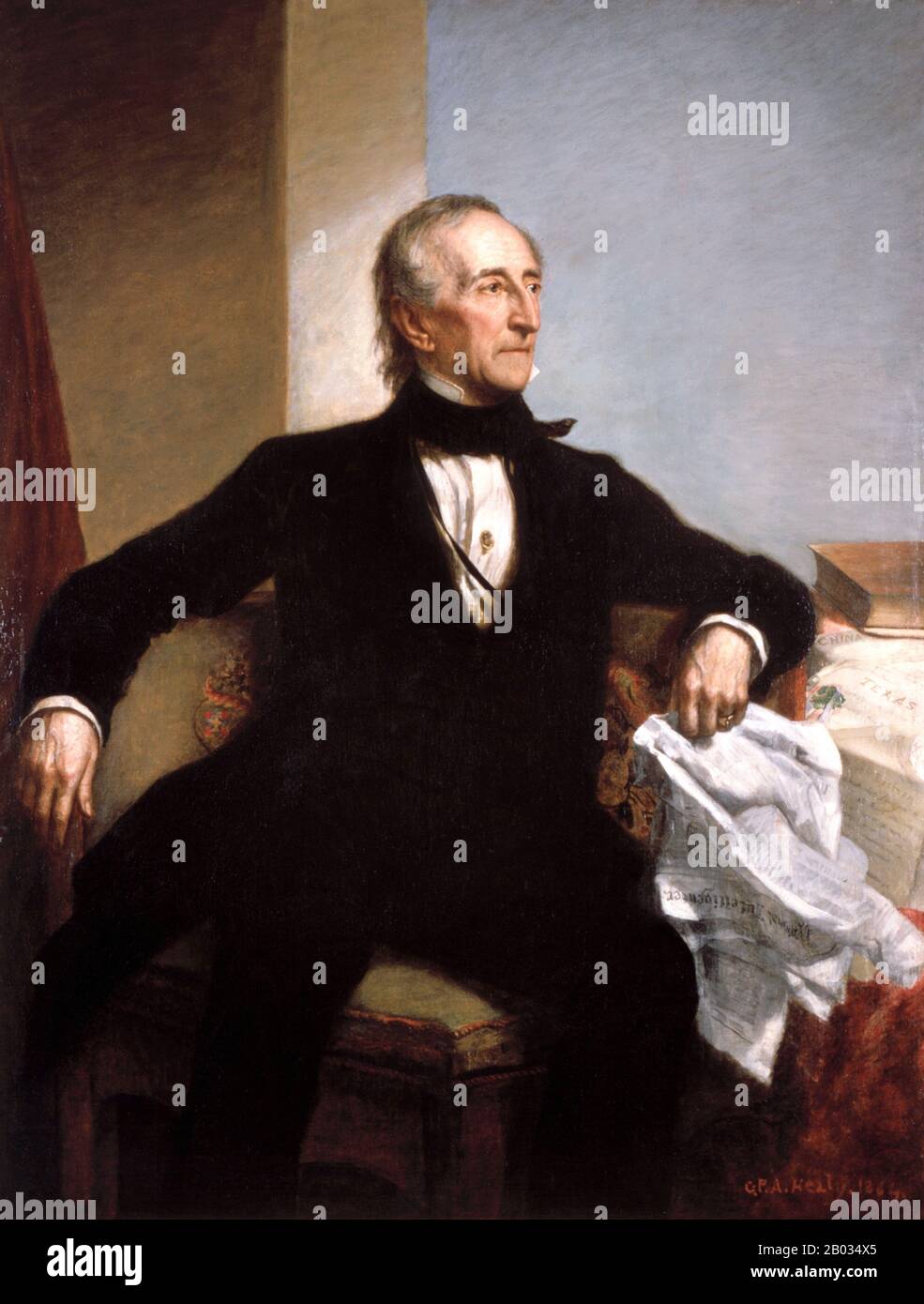 John Tyler (* 29. März, † 18. Januar 1862) war der zehnte Präsident der Vereinigten Staaten (18-45). Er war auch kurz der zehnte Vizepräsident (1841), der auf der Karte von Whig aus dem Jahr 1840 mit William Henry Harrison in dieses Amt gewählt wurde. Tyler wurde nach Harrisons Tod im April 1841, nur einen Monat nach dem Beginn der neuen Regierung, präsident. Er war bis zu diesem Zeitpunkt als Anhänger der Rechte der Staaten bekannt, die ihn seinen Mitreisenden Virginians zuteil wurden, und seine Handlungen als präsident zeigten, dass er bereit war, nationalistische Politik zu unterstützen, solange sie nicht gegen die Macht der Staaten verstießen. Eine Firma Stockfoto