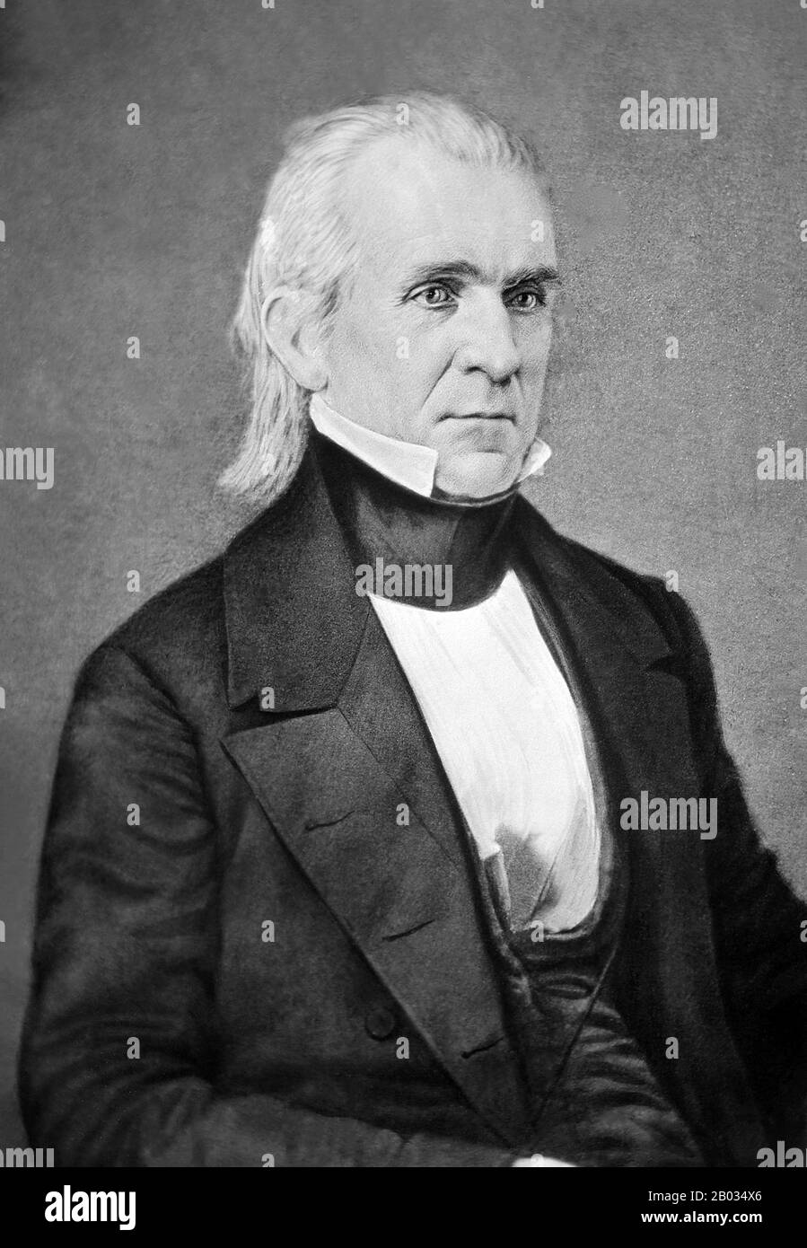 James Knox Polk (* 2. November, † 15. Juni 1849) war der 11. Präsident der Vereinigten Staaten (22-49). Polk wurde im Mecklenburg County in North Carolina geboren. Später lebte und vertrat er Tennessee. Als Demokrat war Polk der 13. Sprecher des Repräsentantenhauses (1831-39) - der einzige präsident, der als Sprecher des Repräsentantenhauses fungiert hat - und Gouverneur von Tennessee (1831-41). Polk war der überraschende (dunkle Pferd) Kandidat für das präsidentenamt im Jahr 1844 und besiegte Henry Clay von der rivalisierenden Whig Party, indem er versprach, die Republik Texas zu annektieren. Polk war während der Zweiten Stufe Anführer der Jacksonian Democracy Stockfoto