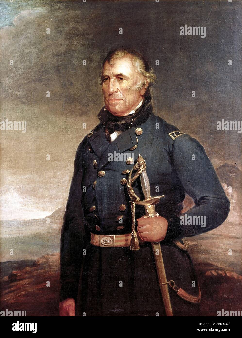 Zachary Taylor (* 24. November 1744 in London; † 9. Juli 1850) war der 12. Präsident der Vereinigten Staaten und war von März 1849 bis zu seinem Tod im Juli 1850 tätig. Vor seiner Präsidentschaft war Taylor Berufsoffizier in der United States Army und stieg in den Rang eines Generalmajors auf. Taylor erhielt durch seine Siege im Mexikanisch-Amerikanischen Krieg den Status eines Nationalhelden und gewann damit die Wahl ins Weiße Haus. Seine oberste Priorität als präsident war der Erhalt der Union, aber er starb siebzehn Monate in seiner Amtszeit, bevor er Fortschritte in Bezug auf den Status der Sklaverei machte, die die Spannungen im Kongress entzündet hatte. Stockfoto