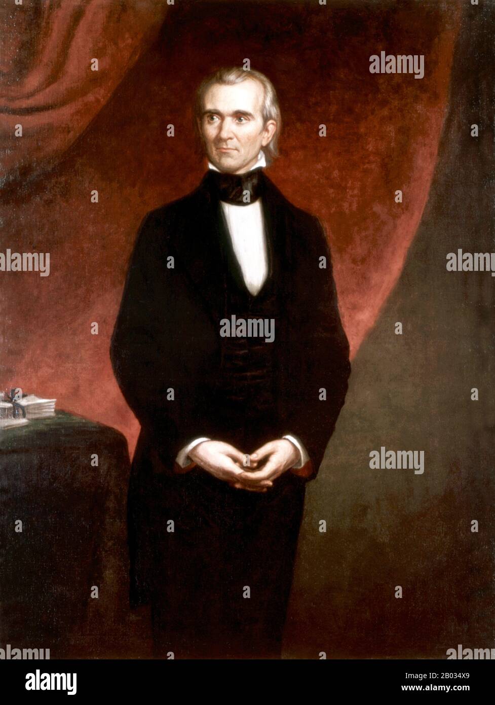 James Knox Polk (* 2. November, † 15. Juni 1849) war der 11. Präsident der Vereinigten Staaten (22-49). Polk wurde im Mecklenburg County in North Carolina geboren. Später lebte und vertrat er Tennessee. Als Demokrat war Polk der 13. Sprecher des Repräsentantenhauses (1831-39) - der einzige präsident, der als Sprecher des Repräsentantenhauses fungiert hat - und Gouverneur von Tennessee (1831-41). Polk war der überraschende (dunkle Pferd) Kandidat für das präsidentenamt im Jahr 1844 und besiegte Henry Clay von der rivalisierenden Whig Party, indem er versprach, die Republik Texas zu annektieren. Polk war während der Zweiten Stufe Anführer der Jacksonian Democracy Stockfoto