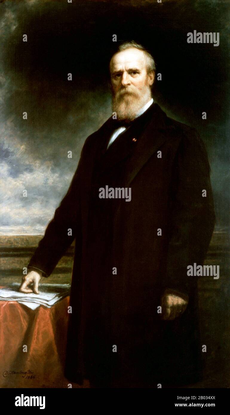 Rutherford Birchard Hayes (4. Oktober 1822 - 17. Januar 1893) war der 19. Präsident der Vereinigten Staaten (1877-81). Als präsident überwachte er das Ende des Wiederaufbaus, begann die Bemühungen, die zu einer Reform des öffentlichen Dienstes führten, und versuchte, die aus dem Bürgerkrieg und dem Wiederaufbau überlassenen Spaltungen in Einklang zu bringen. Stockfoto