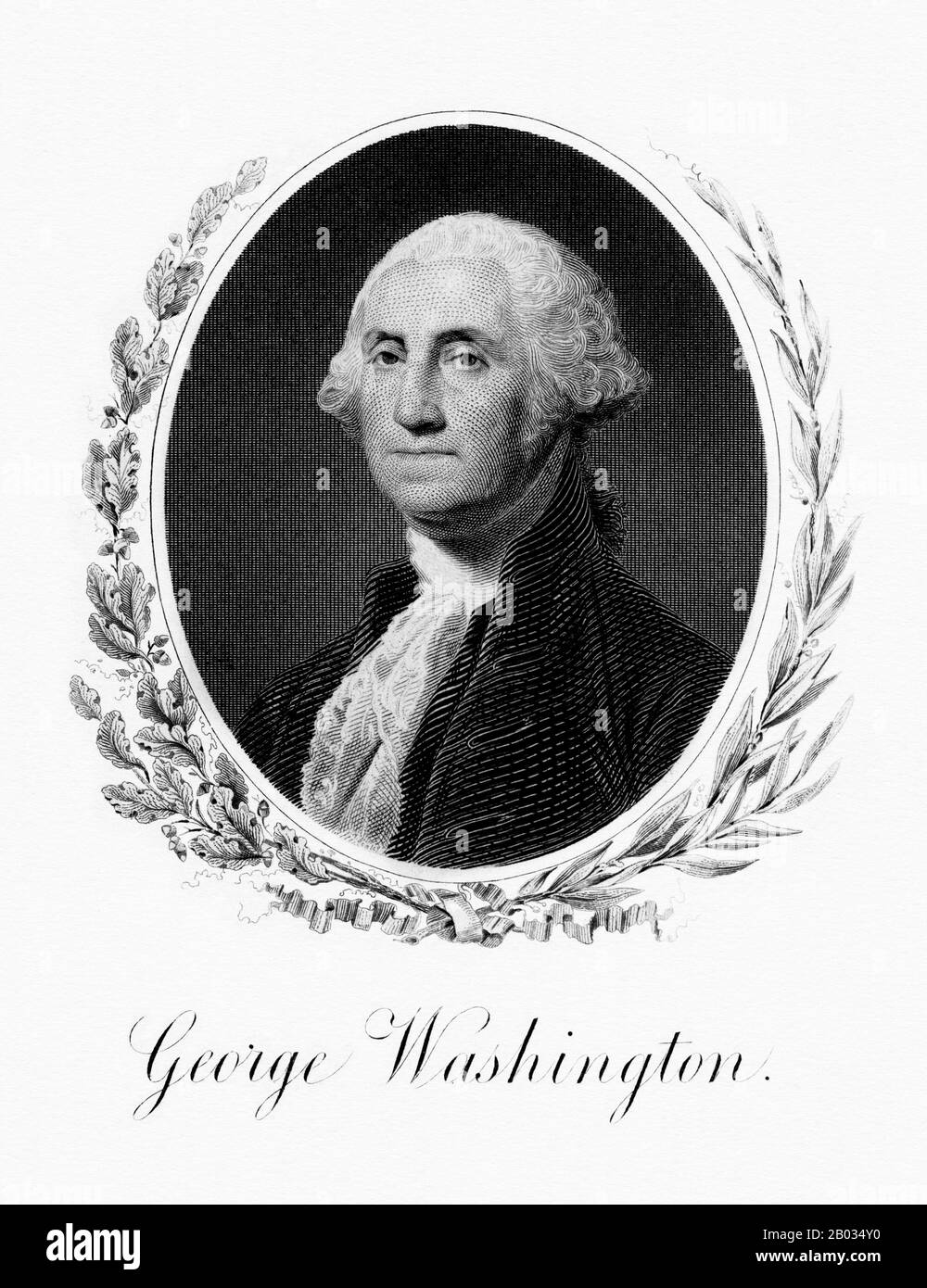 George Washington (22. Februar 1732 - 14. Dezember 1799) war der erste Präsident der Vereinigten Staaten (1789-97), der Oberbefehlshaber der kontinentalen Armee während des amerikanischen Unabhängigkeitskrieges und einer der Gründungsväter der Vereinigten Staaten. Er leitete den Konvent, der die aktuelle Verfassung der Vereinigten Staaten entworfen hatte und zu seinen Lebenszeit "Vater seines Landes" genannt wurde. Stockfoto
