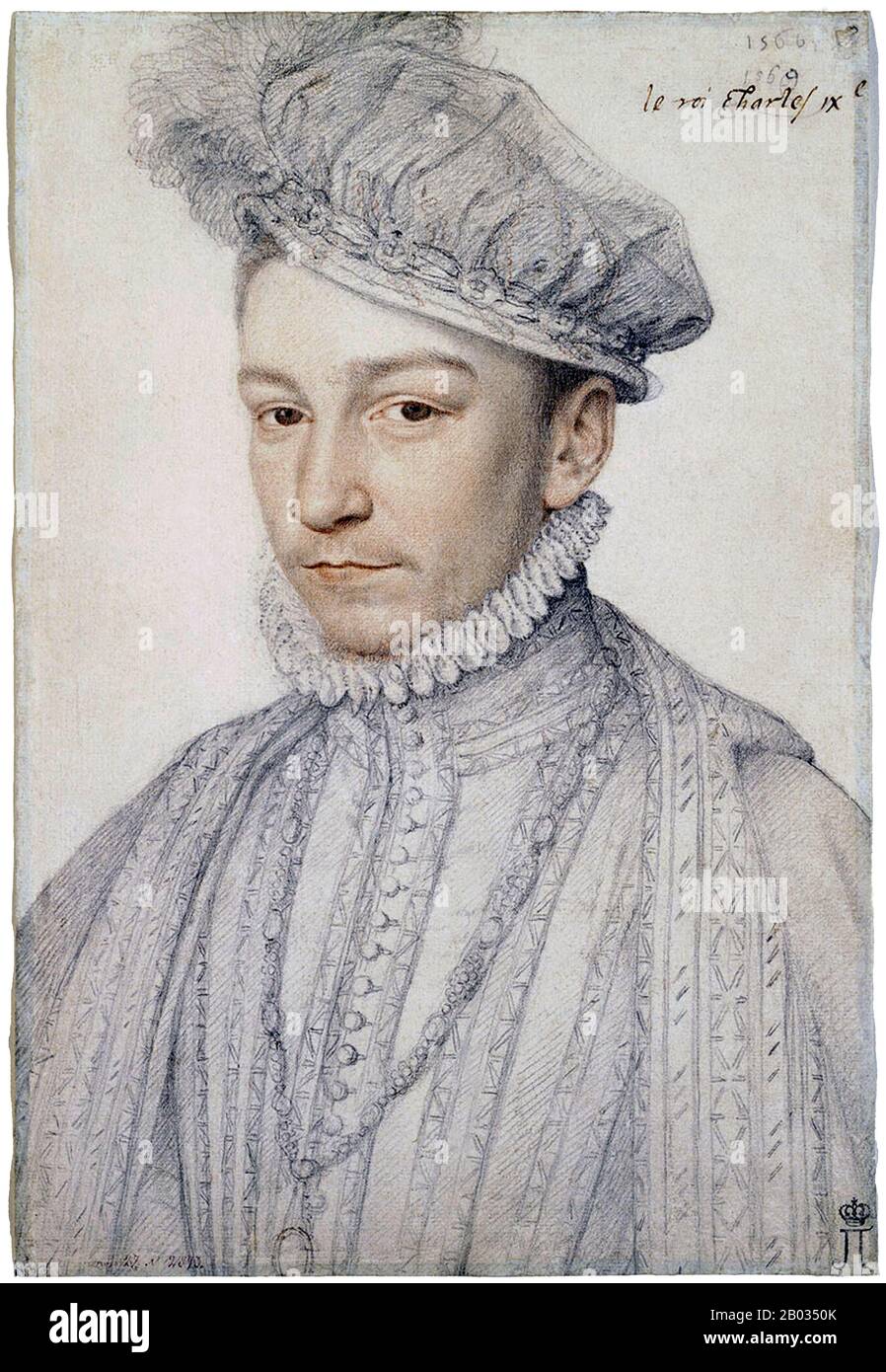 Karl IX. (27. Juni 1550 - 30. Mai 1574) war ein Monarch des Hauses Valois, der von 1560 bis zu seinem Tod als König von Frankreich regierte. Er bestieg den Thron von Frankreich mit dem Tod seines Bruders Franziskus II Nach jahrzehntelanger Anspannung brach nach dem Massaker von Vassy 1562 der Krieg zwischen Protestanten und Katholiken aus. 1572 ordnete Charles nach mehreren erfolglosen Friedensversuchen die Heirat seiner Schwester Margaret von Valois mit Heinrich von Navarra, einem bedeutenden protestantischen Adligen und dem zukünftigen König Heinrich IV. Von Frankreich, in einem letzten verzweifelten Versuch an, sein Volk zu versöhnen. Angesichts der Anfeindungen der Bevölkerung aga Stockfoto