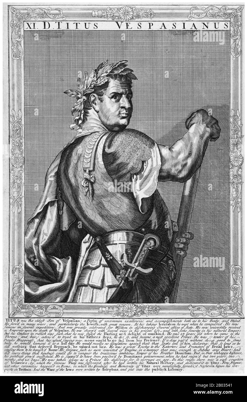 Der natürliche Sohn und Erbe des Kaiser Vespasian, Titus, war ein Mitglied der Flavi-Dynastie, der erste römische Kaiser, der seinen eigenen biologischen Vater erfolgreich war. Titus hatte sich wie sein Vater als Militärkommandeur viel verdient, vor allem während des Ersten judenrömischen Krieges. Als sein Vater nach Neros Tod den kaiserlichen Thron beanspruchen wollte, ließ man Titus zurück, um die jüdische Rebellion zu beenden, die 70 v. Chr. mit der Belagerung und dem Absacken Jerusalems stattfand. Der Titusbogen wurde zu Ehren seiner Zerstörung der Stadt erbaut. Er war auch für sein umstrittenes Verhältnis zur jüdischen Königin Be bekannt Stockfoto