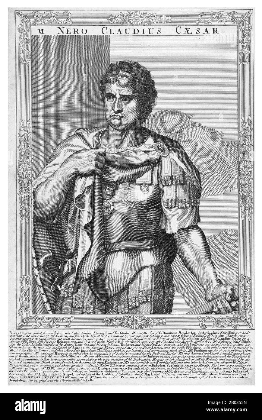 Der gebürtige Luzius Domitius Ahenobarbus war Nero der einzige Sohn Agrippinas der Jüngere, der später seinen Großonkel Kaiser Claudius heiraten würde. Claudius adoptierte Nero und wurde neben Claudius' eigenem Sohn Brittanikus zum Erben und Nachfolger gemacht. Nero trat nach Claudius' Tod im Jahr 54 CE auf den Thron, möglicherweise vergiftet an den Händen von Neros Mutter. Neros Regierungszeit ist unberühmt für seine Korruption, seine Tyrannei und seine Extravaganz sowie seine vielen Hinrichtungen, darunter die seiner Mutter und die Vergiftung seines Stiefbruders Britannicus kurz nach Beginn seiner Herrschaft. Sein berühmtestes Zeichen in der Geschichte, Stockfoto