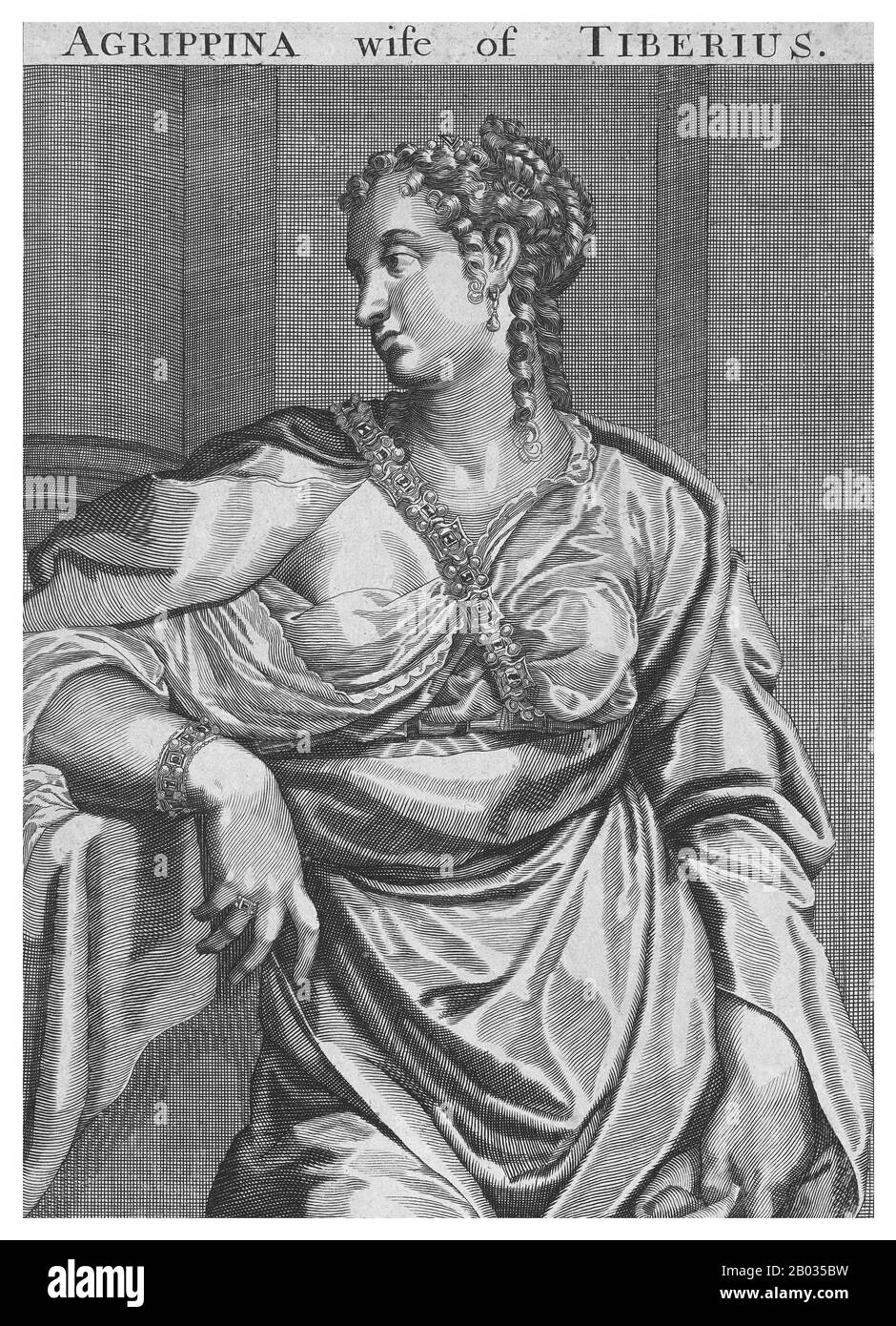 Vipsania Agrippina (36 v. Chr. - 20 u. z.) wurde vor ihrem ersten Geburtstag von ihrem Vater Marcus Vipsanius Agrippa und Octavian mit Tiberius verlobt. Sie waren in 19 v. Chr. verheiratet. Ihr Sohn Drusus Julius Cäsar wurde 14 v. Chr. geboren. Tiberius war jedoch gezwungen, sich von Vipsania zu scheiden und Augustus' Tochter Julia die ältere in 11 v. Chr. zu heiraten, eine Aktion, die er nie aufhörte, sein ganzes Leben zu bereuen. Sie wurde noch im selben Jahr mit dem Senator Gaius Asinius Gallus Saloninus verheiratet, mit dem sie mindestens sechs Söhne hatte. Vipsania verabschiedete sich schließlich im Jahr 20 CE. Stockfoto