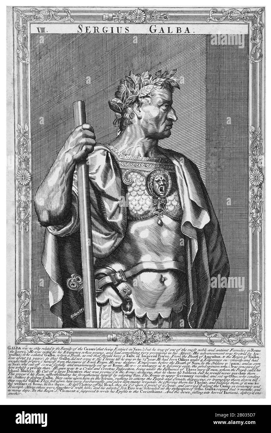 Der gebürtige Servius Sulpicius Galba, 24. Dezember (3 v. Chr. - 15. Januar 69 v. Chr.), stammte aus einer adligen und wohlhabenden Familie, obwohl er von Geburt an keinen Zusammenhang hatte und nur eine sehr abgelegene Verbindung durch die Adoption in eine der Julio-Claudian-Dynastie. Galba weigerte sich, von Freunden ermutigt zu werden, nach Caligulas Ermordung ein Angebot für das Reich zu machen, diente Claudius loyal und lebte für den Großteil von Neros Herrschaft im Ruhestand. 68 v. Chr. wurde er jedoch über Neros Absicht informiert, ihn töten zu lassen, und er entsetzte sich von Nero, um sich selbst zu retten. Nach Neros Selbstmord wurde Balba zum "Caesar" ernannt und tötete viele Soldaten Stockfoto