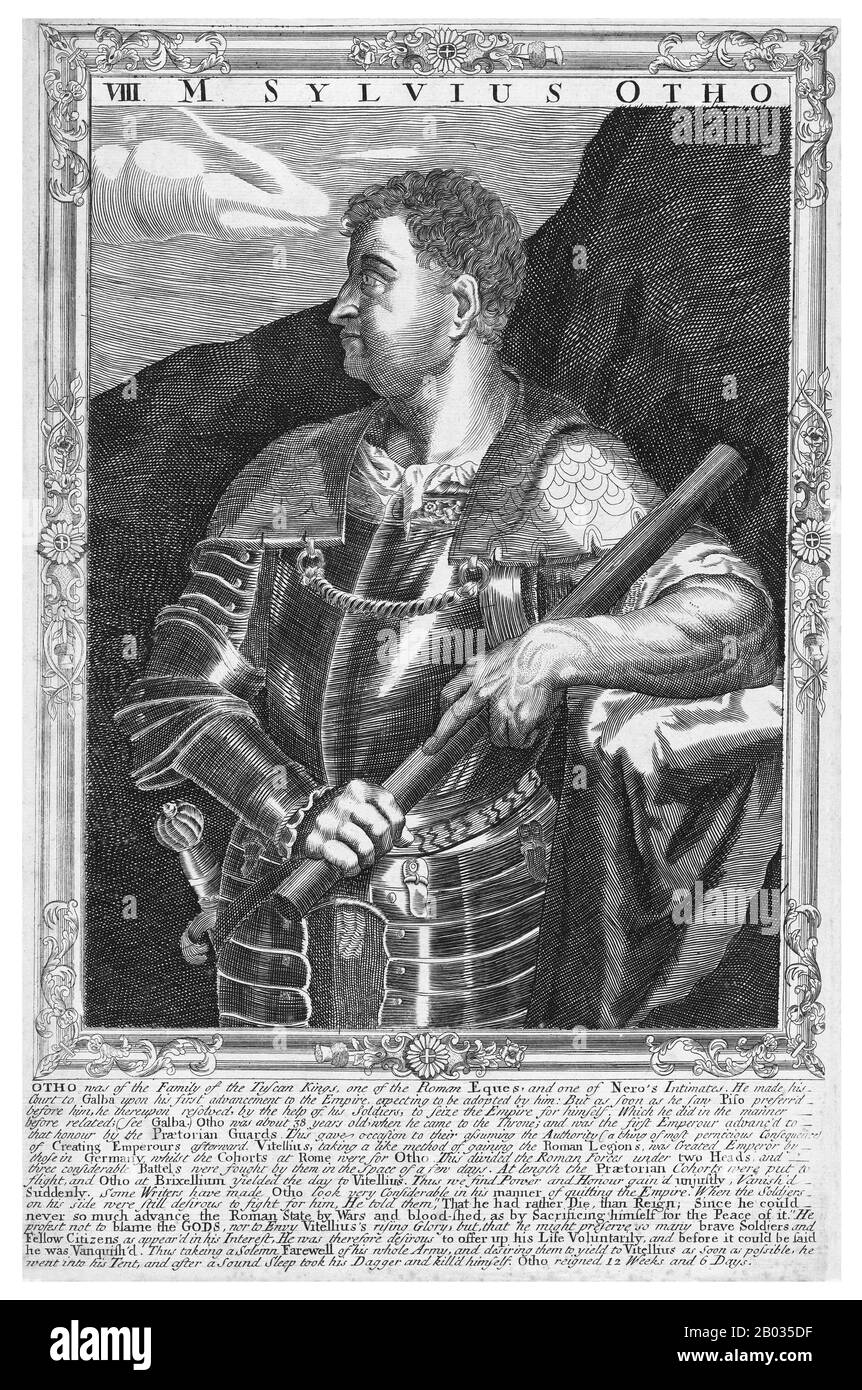 Otho, geboren in einer adligen und alten etruskischen Linie, war einer der jungen Adeligen von Neros Hof, der als übertrieben extravagant und rücksichtslos galt. Seine enge Freundschaft mit Nero zerbrach, als seine Frau eine Affäre mit dem Kaiser begann und sich schließlich von Otho scheiden ließ, indem Nero Otho entsenden ließ, um die ferne Provinz Lusitania zu regieren, in der er zehn Jahre bleiben würde. Otho folgte Galba in seiner Revolte gegen Nero, aber seine persönlichen Ambitionen führten ihn dazu, Kaiser Galba zu verraten und zu stürzen, die Dienste der Prätorianergarde zu erwerben und Galba zu töten. Otho wurde zum Kaiser ausgerufen, aber seine Regentschaft Stockfoto