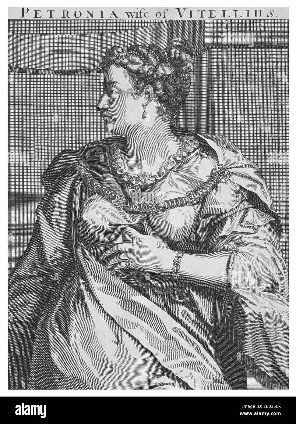 Von Petronia (1. Jahrhundert v. Chr.), der ersten Frau des Vitellius, ist wenig bekannt. Sie heirateten einige Zeit vor dem Jahr 40 CE und brachten einen gemeinsamen Sohn hervor, Aulus Vitellius Petronianus. Als Vitellius 50 v. Chr. wiederheiratete, muss er sich von Petronia scheiden lassen oder sie war bis dahin gestorben, aber keine weitere Erwähnung von ihr findet sich in der Geschichte. Stockfoto
