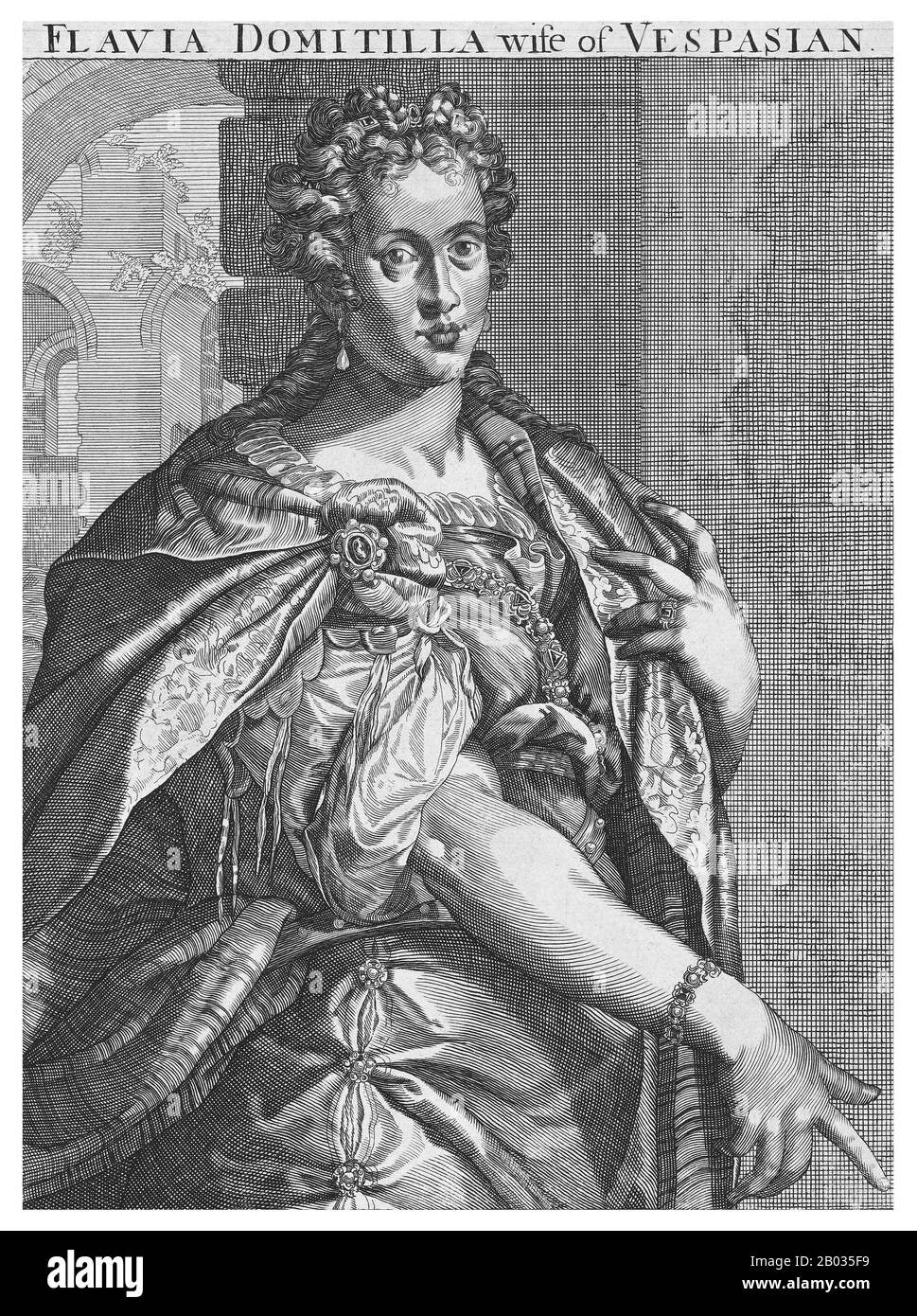 Flavia Domitilla Major (1. Jahrhundert), auch Domitilla der ältere genannt, war die erste Frau Vespasians. Sie war die Tochter von Flavius Liberalis, einem bescheidenen Quästor, und war vor ihrer Heirat mit Vespasian eine formelle Mätresse an einem afrikanischen Ritter. Sie heiratete einige Zeit um 38 v. Chr. Vespasian und war die Mutter zukünftiger Kaiser Titus und Domitian sowie Domitilla der Jüngere und Großmutter der Heiligen Flavia Domitilla. Sie starb, bevor Vespasian Kaiser wurde, einige Zeit um 65 CE. Stockfoto
