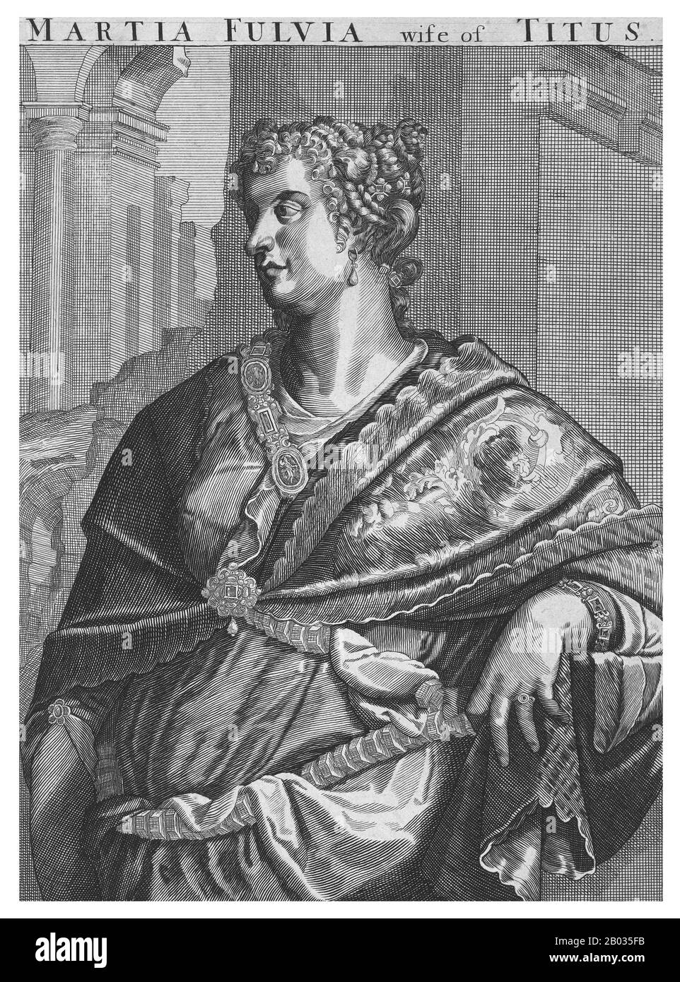 Marcia Furnilla (1. Jahrhundert) wurde in eine adelige und angesehene Familie geboren und behauptete den Abstieg vom römischen König Ancus Marcius. Furnilla war Titus' zweite und letzte Frau, die ihn 63 CE heiratete. Furnilla wurde als "sehr gut verbundene" Frau beschrieben und gebar Titus eine Tochter im Jahr 64 CE, Julia Flavia. Wie Titus' erste Ehe war auch seine Zeit mit Furnilla kurz, da Furnillas Familie nach dem Scheitern der pisonischen Verschwörung im Jahr 65 CE mit den Gegnern Neros verbunden war. Titus ließ sich von ihr scheiden und wollte nicht mit einem der möglichen Plotter in Verbindung gebracht werden und nahm seine Tochter mit. Stockfoto