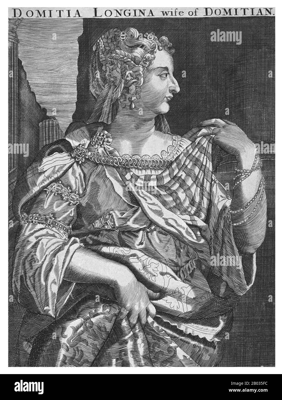 Domitia Longina (53/55-126/130 CE) war Ehefrau von Domitian und eine Kaiserin Roms. Sie ließ sich von ihrem früheren Ehemann Luzius Aelius Lamia scheiden, um Domitian 71 v. Chr. zu heiraten, und zusammen hatten sie einen Sohn. Sein früher Tod führte dazu, dass sie eine Weile auseinanderdriften, wobei Domitian Domitia kurzzeitig ausrief, weil er keinen weiteren Erben hervorgebracht hatte. Er erinnerte sich aber bald an sie, und trotz der Gerüchte, Domitian habe eine inzestuöse Beziehung zu seiner Nichte Julia Flavia, heißt es, Domitia lebe weiterhin ohne Zwischenfälle im Palast. Sie überlebte Domitians Ermordung im Jahr 96 CE und starb friedlich dekadenfrei Stockfoto