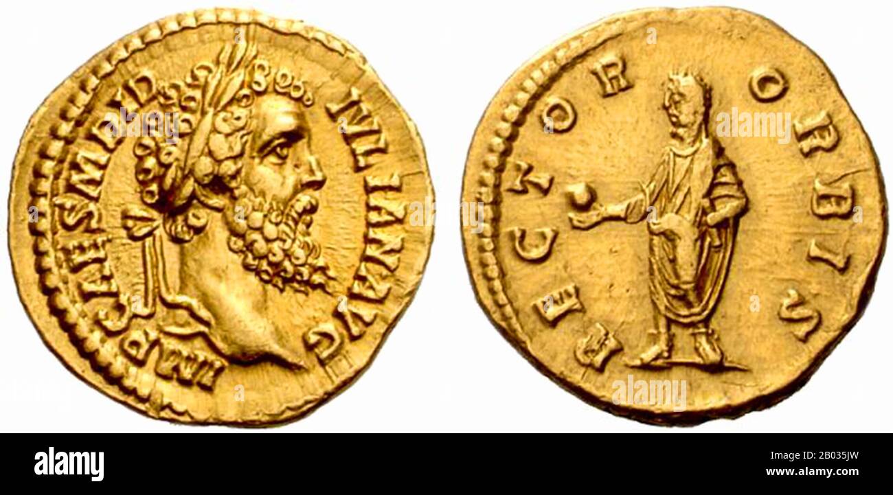 Didius Julianus (133/137-193 CE) wurde von Domitia Lucilla, der Mutter von Kaiser Marcus Aurelius, erhoben und war für öffentliche Ämter und Unterscheidung gepflegt. Er diente in der römischen Armee und wurde 175 CE für seine Erfolge gegen die Germanenstämme zum Konsulat neben Pertinax erhoben. Nachdem die Praetorian Garde Pertinax im März 193 CE ermordet hatte, setzten sie den Kaiserthron zum bieten auf, der bereit war, ihn zu verkaufen, an wen es am meisten zahlen konnte. Julianus gewann den Bieterkrieg und wurde zum Cäsar und Kaiser erklärt, wobei der Senat die Erklärung unter militärischer Bedrohung formalisierte. Seine Kontroversen Stockfoto