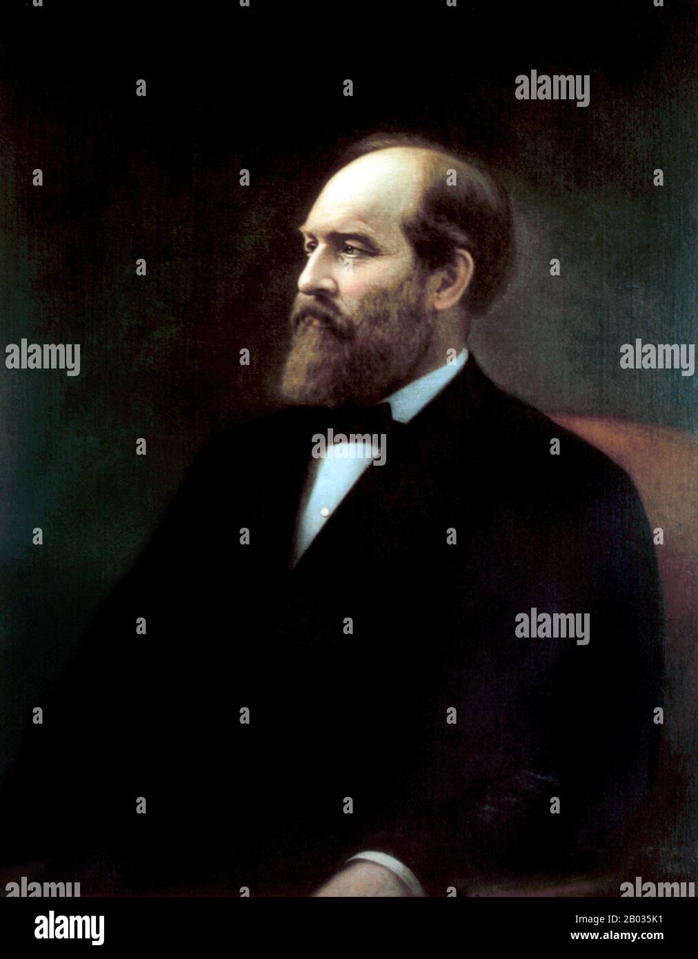 James Abram Garfield (* 19. November 1831; † 19. September 1881) war der 20. Präsident der Vereinigten Staaten und diente vom 4. März 1881 bis zu seiner Ermordung im Laufe des Jahres. Garfield hatte neun Amtszeiten im Repräsentantenhaus inne und war vor seiner Kandidatur für das Weiße Haus in den Senat gewählt worden, obwohl er den Senatssitz nach seiner Wahl zum Präsidenten ablehnte. Er ist das einzige Mitglied des Sitzhauses, das zum präsidenten gewählt wurde. Stockfoto