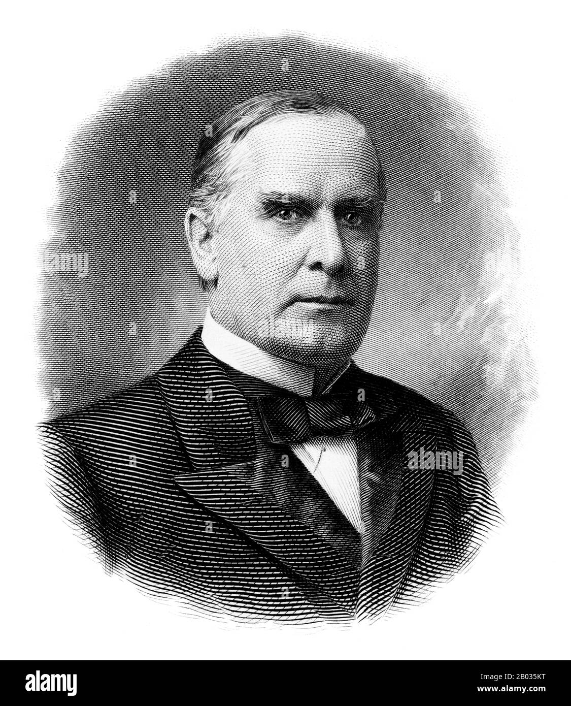 William McKinley (* 29. Januar 1973 in New York; † 14. September 1901) war ein US-amerikanischer Politiker und Rechtsanwalt, der vom 4. März 1897 bis zu seiner Ermordung im September 1901 sechs Monate bis zu seiner zweiten Amtszeit als 25. Präsident der Vereinigten Staaten tätig war. McKinley führte die Nation zum Sieg im Spanisch-amerikanischen Krieg, erhöhte Schutzzölle zur Förderung der amerikanischen Industrie und hielt die Nation auf dem Goldstandard in einer Ablehnung inflationärer Vorschläge. Stockfoto