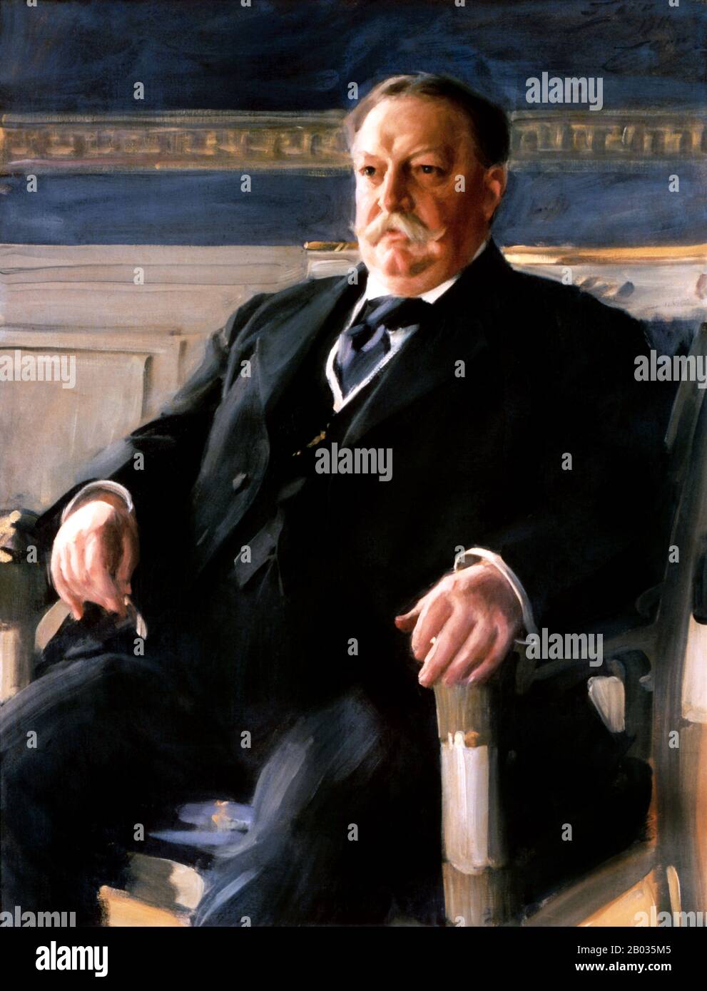William Howard Taft (15. September 1857 - 8. März 1930) war der 27. Präsident der Vereinigten Staaten (zwischen den Jahren 148-1913) und der 10. Chief Justice of the United States (zwischen 1921 und 1930), der einzige, der beide Ämter bekleidet hatte. Taft wurde im Jahr 1908 zum präsidenten gewählt, dem gewählten Nachfolger von Theodore Roosevelt, wurde aber 1912 von Woodrow Wilson zur Wiederwahl besiegt, nachdem Roosevelt die republikanische Stimme durch die Kandidatur als Drittkandidat gespalten hatte. 1921 ernannte Präsident Warren G. Harding Taft zum Chief Justice, eine Position, in der er bis einen Monat vor seinem Tod tätig war. Stockfoto