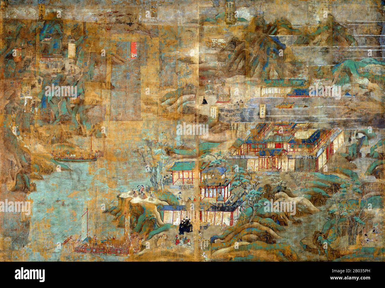 Dieser Satz von Gemälden ist die älteste und größte illustrierte Biographie des Prinzregenten Shotoku (574-622). Es zeigt Orte und Ereignisse im Zusammenhang mit der traditionellen Darstellung seines Lebens, die aus der in der Nara-Zeit (710-794) begonnenen Fürstverehrung herrühren. Diese Gemälde befanden sich ursprünglich an festen Türen, die die Bilderhalle im östlichen Viertel des Horyu-JI-Tempels schmückten. Sie wurden in der Edo-Zeit (1615-1868) als freistehende Bildschirme neu aufgestellt und in neuerer Zeit wieder auf zehn Tafeln angebracht. Aufzeichnungen sagen uns, dass Hata no Chitei, eine Künstlerin aus der Provinz Settsu (Presen Stockfoto