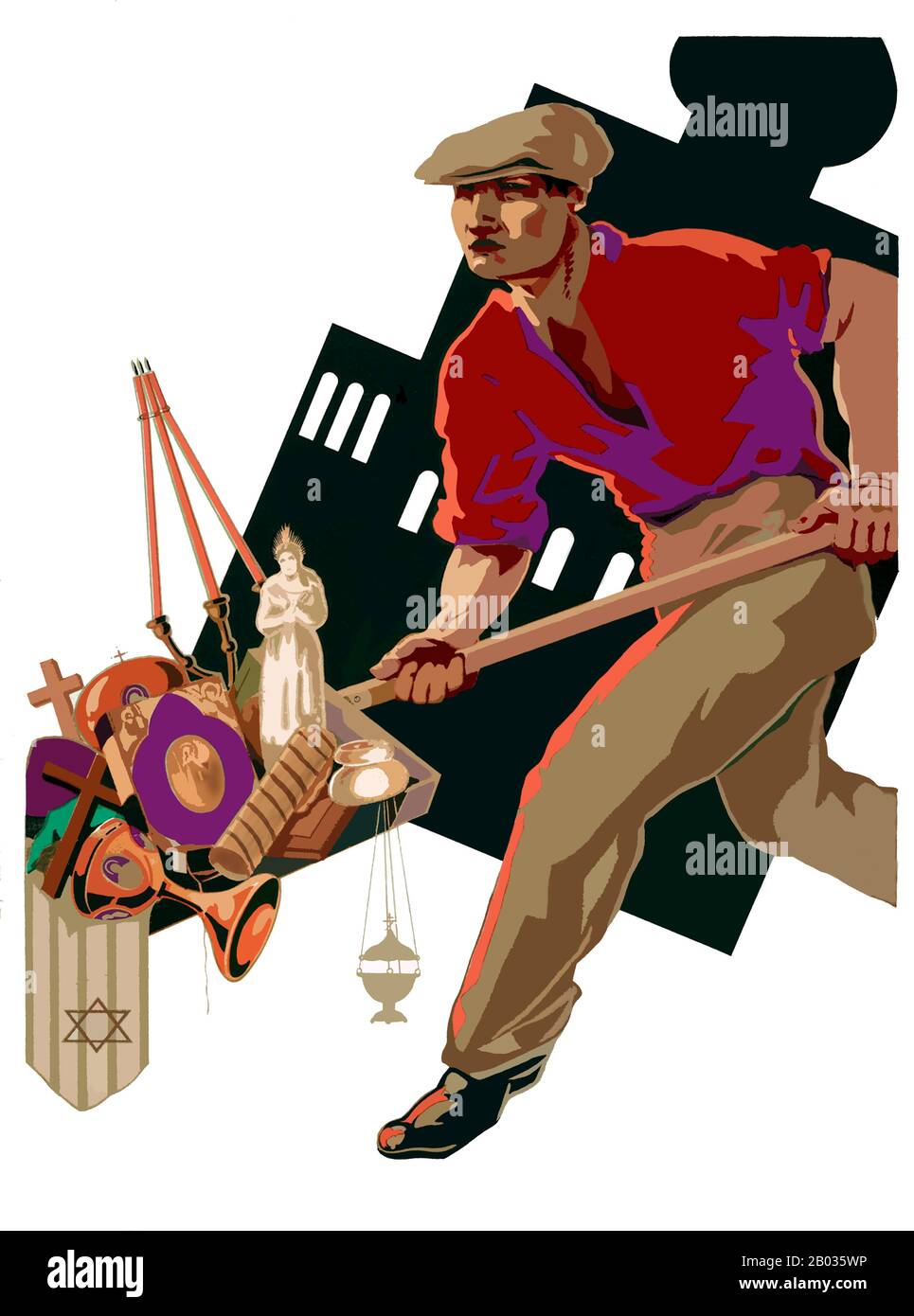 Die kommunistische Propaganda in der Sowjetunion basierte weitgehend auf der marxistisch-leninistischen Ideologie, um die Linie der Kommunistischen Partei zu fördern. Wandplakate waren in der Anfangszeit weit verbreitet und stellten oft die Siegeszüge der Roten Armee zugunsten der Analphabeten dar. Dies setzte sich im zweiten Weltkrieg fort, immer noch zugunsten der weniger Literaten, mit mutigen, einfachen Designs. Stockfoto