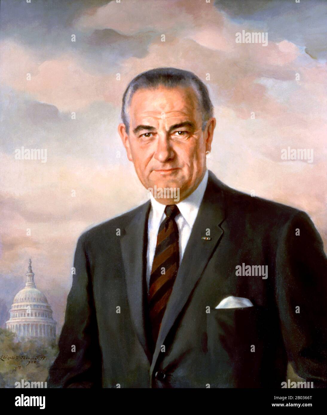 Lyndon Baines Johnson (27. August 1908 - 22. Januar 1973), oft als LBJ bezeichnet, war 36. Präsident der Vereinigten Staaten (1963-1969) nach seinem Dienst als 37. Vizepräsident der Vereinigten Staaten (1961-1963). Er ist einer von nur vier Personen, die in allen vier gewählten Bundesämtern der Vereinigten Staaten tätig waren: Vertreter, Senator, Vizepräsident und Präsident. Johnson, ein Demokrat, war von 1937 bis 1949 als Vertreter der Vereinigten Staaten aus Texas und von 1949 bis 1961 als Senator der Vereinigten Staaten tätig, darunter sechs Jahre als Mehrheitsführer des Senats der Vereinigten Staaten, zwei als Minderheitsführer des Senats Stockfoto