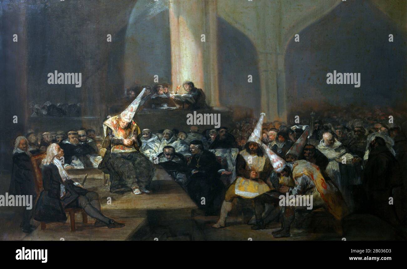 Das Gericht des Heiligen Amtes der Inquisition (Spanisch: Tribunal del Santo Oficio de la Inquisicion), das im allgemeinen als spanische Inquisition (Inquisicion espanola) bekannt ist, wurde 1478 von den katholischen Monarchen Ferdinand II. Von Aragon und der Herrschaft von Kastilien eingerichtet. Die Inquisition sollte ursprünglich vor allem die Rechtgläubigkeit derjenigen gewährleisten, die vom Judentum und vom Islam konvertierten. Die Regelung des Glaubens der neu konvertierten wurde intensiviert, nachdem die königlichen Dekrete 1492 und 1502 Juden und Muslime zur Bekehrung oder Ausreise nach Spanien beordern. Die Inquisition war nicht endgültig abol Stockfoto