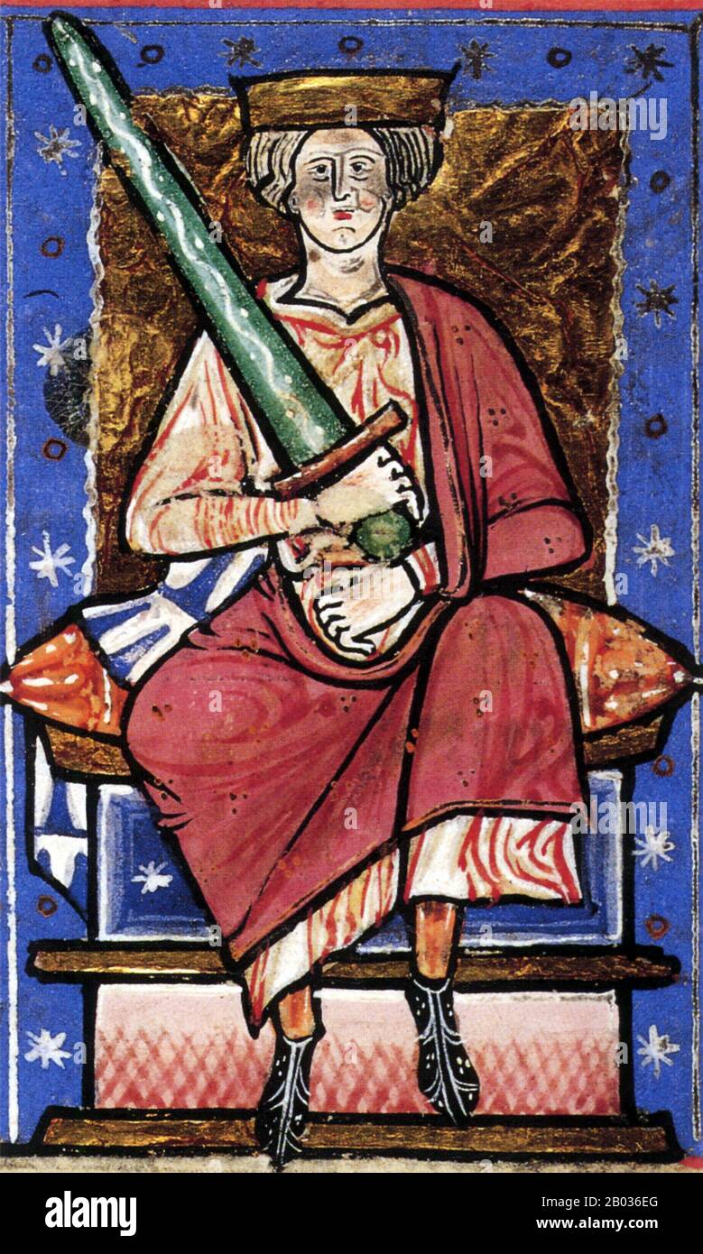 Aethelred the Unready, oder Aehelred II war König der Engländer (978-1013 und 1014-1016). Er war der Sohn von König Edgar dem Friedlichen und Königin Aelfthryth und war zwischen zehn und dreizehn Jahre alt, als sein Halb-Bruder Edward der Märtyrer am 18. März 978 ermordet wurde. Ab 991 zollte Aethelred dem dänischen König Tribut oder Danegeld. 1002 ordnete Aethelred an, was als St. Brice's Day Massaker an dänischen Siedlern bekannt wurde. 1003 marschierte König Sweyn Forkbeard aus Dänemark in England ein, infolgedessen Aethelred 1013 in die Normandie floh und durch Sweyn ersetzt wurde. Er würde als Kinn zurückkehren Stockfoto