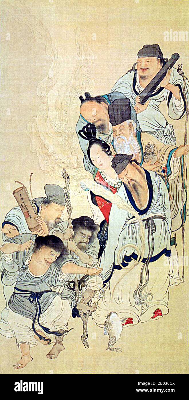 Die Acht Unsterblichen sind eine Gruppe legendärer xian (Unsterbliche) in der chinesischen Mythologie, Volksreligion und Taoismus. Es wird angenommen, dass die Acht Unsterblichen entweder in der Tang- oder Song-Dynastie geboren wurden, obwohl sie erstmals in der Yuan-Dynastie beschrieben wurden und höchstwahrscheinlich nach den Acht Gelehrten der Unsterblichen der Han benannt wurden. Die Namen der Unsterblichen waren: HE Xiangu; Cao Guojiu; Li Tieguai; Lan Caihe; Lu Dongbin; Han Xiangzi; Zhang Guolao; und Zhongli Quan. Sie sollen jeweils ein Werkzeug in ihrem Besitz haben, mit dem sie ihre Macht übertragen und entweder Leben schenken oder das Böse zerstören könnten, so bekannt Stockfoto