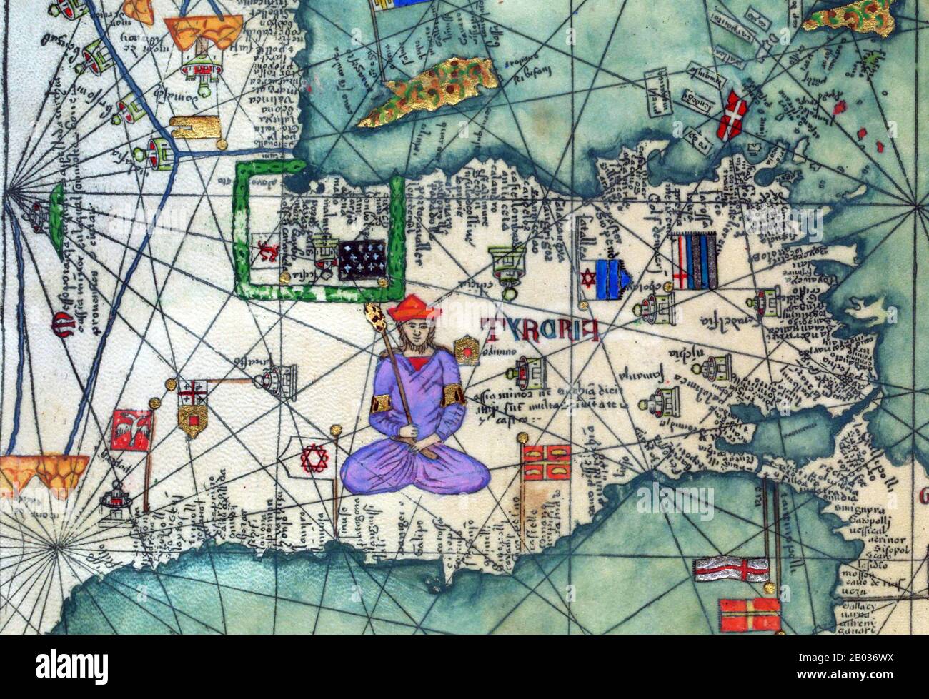 Der katalanische Atlas (1375) ist die wichtigste katalanische Karte der mittelalterlichen Zeit. Sie wurde von der kartografischen Schule Majorcas produziert und wird Cresques Abraham zugeschrieben, einem jüdischen Buchilluminator, der selbst als Meister der Karten der Welt sowie Kompasse beschrieben wurde. Sie befindet sich seit dem späten 14. Jahrhundert in der königlichen Bibliothek Frankreichs (heute Bibliotheke nationale de France). Stockfoto