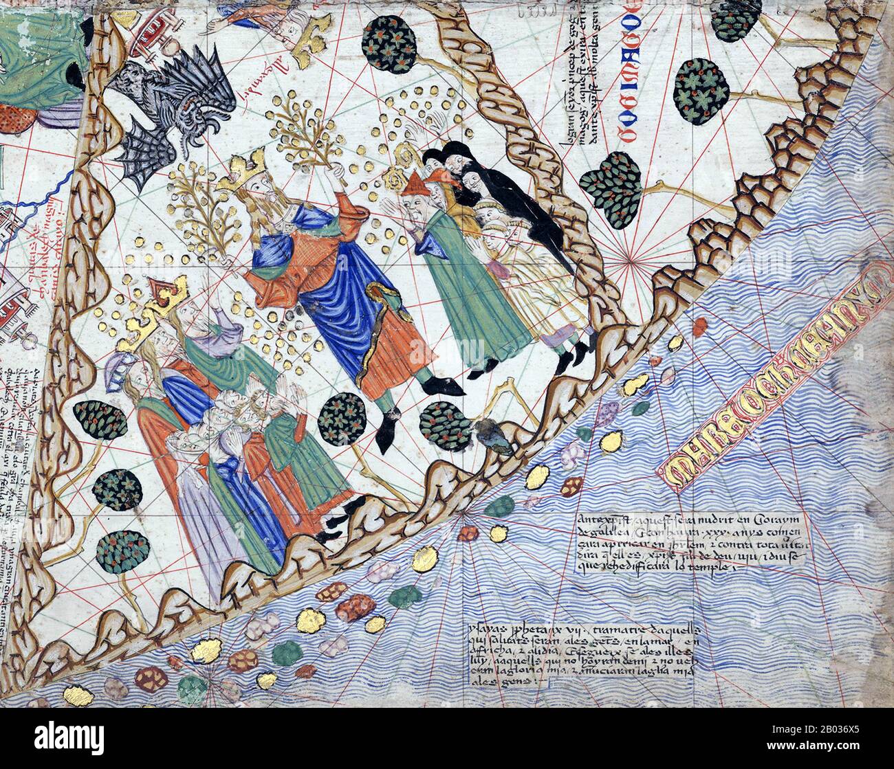 Der katalanische Atlas (1375) ist die wichtigste katalanische Karte der mittelalterlichen Zeit. Sie wurde von der kartografischen Schule Majorcas produziert und wird Cresques Abraham zugeschrieben, einem jüdischen Buchilluminator, der selbst als Meister der Karten der Welt sowie Kompasse beschrieben wurde. Sie befindet sich seit dem späten 14. Jahrhundert in der königlichen Bibliothek Frankreichs (heute Bibliotheke nationale de France). Stockfoto
