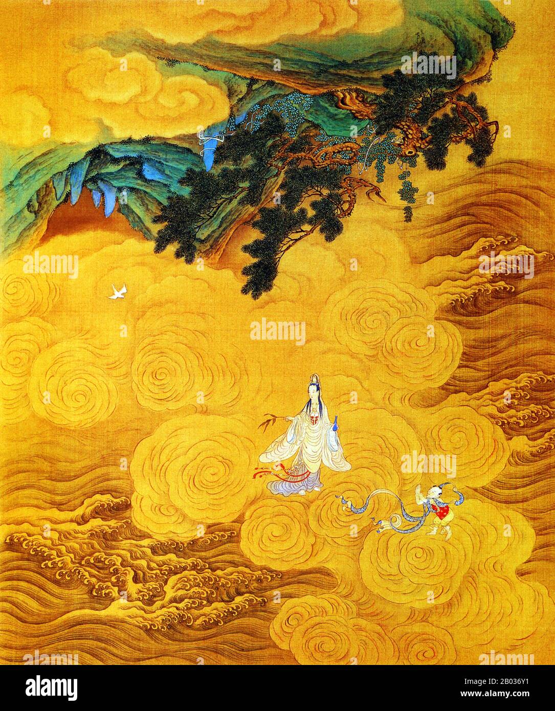 Guanyin, kurz für Guanshiyin, ist ein Bodhisattva im Mahayana-Buddhismus, der oft mit Mitgefühl und Barmherzigkeit verbunden ist. Während sie oft als Frau dargestellt wird, ist sie jenseits des Geschlechts und kann sowohl als männlich als auch als weiblich dargestellt werden. Guanyin wird aufgrund ihrer wundersamen Kräfte und ihres liebevollen Mitgefühls oft als die "meistgeliebte buddhistische Göttlichkeit" bezeichnet. Sie wird nicht nur im Buddhismus, sondern auch im Taoismus und in der chinesischen Volksreligion mit verschiedenen Geschichten und Legenden über sie verehrt. Guanyin spielt eine sehr wichtige Rolle in dem klassischen chinesischen Roman "Reise in den Westen." Sie ist von verschiedenen nam bekannt Stockfoto