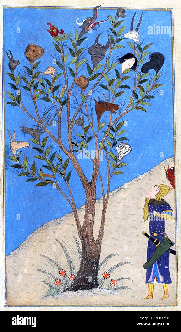 Der Waqwaq ist ein Riesenbaum, der humanoide Früchte in indo-persischer Lore trägt. Er ähnelt dem japanischen Jinmenju, einem anderen Human-Like-Baum. Der Waqwaq ist ein aus Indien stammender persischer Orakelbaum, dessen Äste oder Früchte zu Köpfen von Männern, Frauen oder monströsen Tieren werden (je nach Version), die alle "Waq-Waq" schreien. In der islamischen Welt gibt es eine Legende über einen sagenhaften Baum auf der Insel Waq Waq, der Früchte in Form von menschlichen gestalten hat, oder Köpfe, die reden und prophezeien. Alexander der Große soll auf einen so sprechenden Baum mit menschlicher Frucht gestoßen sein. Stockfoto