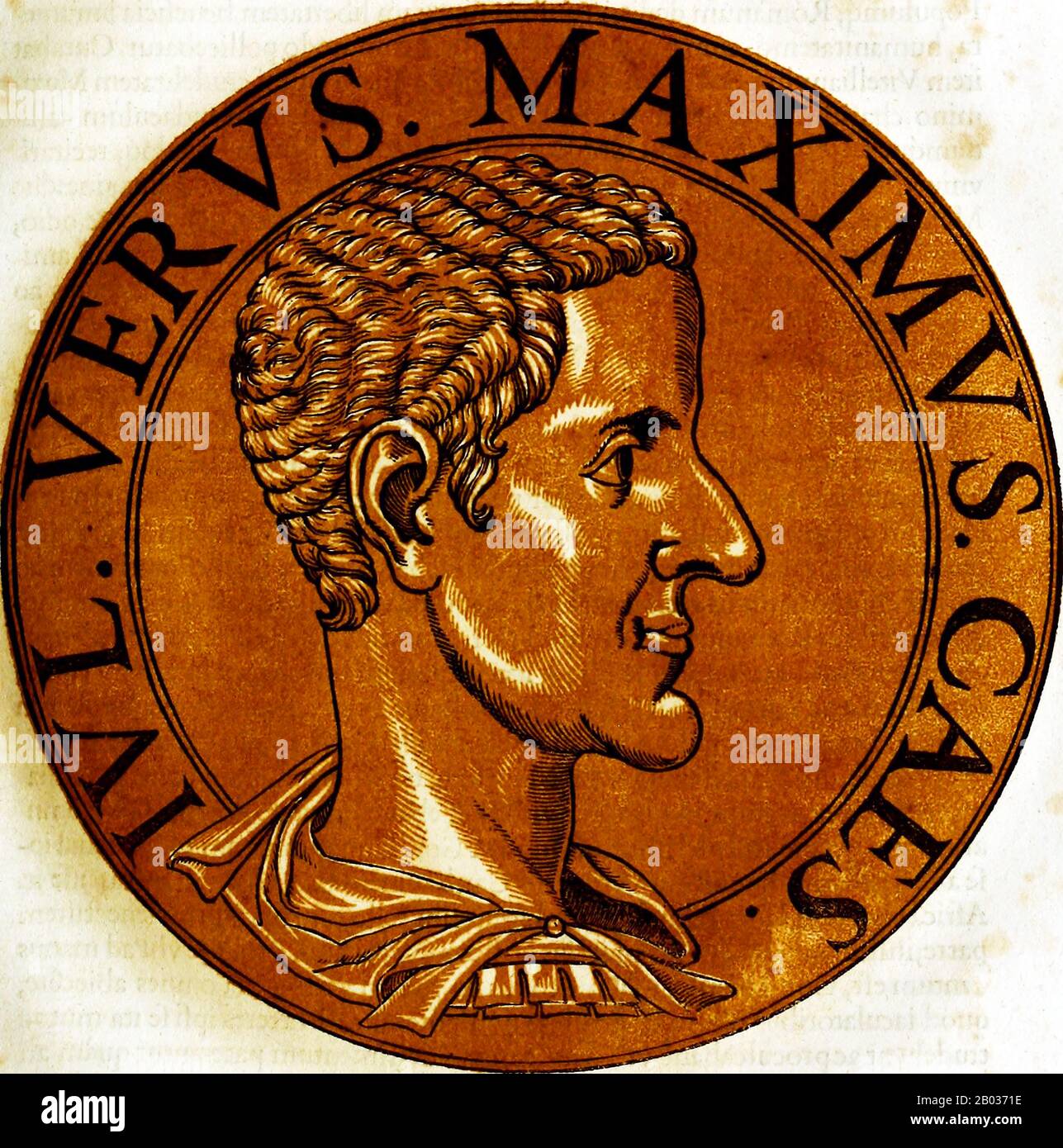 Gaius Julius Verus Maximus (217/220-238), manchmal fälschlicherweise als Gaius Julius Verus Maximinus oder Maximinus der Jüngere bekannt, war der Sohn des thrakorömischen Kaiser Maximinus Thrax. Maximus wurde 236 zum Cäsar ernannt, hatte aber nur wenig wirkliche Macht, bis er 238 von der Prätorianergarde während der Belagerung von Aquileia an der Seite seines Vaters ermordet wurde. Stockfoto