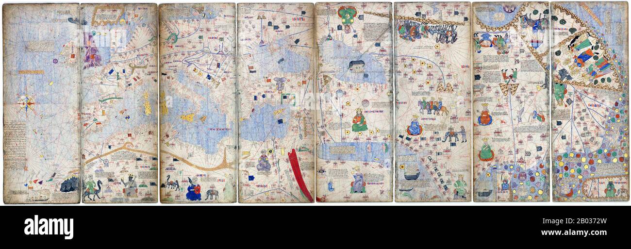 Der katalanische Atlas (1375) ist die wichtigste katalanische Karte der mittelalterlichen Zeit. Sie wurde von der kartografischen Schule Majorcas produziert und wird Cresques Abraham zugeschrieben, einem jüdischen Buchilluminator, der selbst als Meister der Karten der Welt sowie Kompasse beschrieben wurde. Sie befindet sich seit dem späten 14. Jahrhundert in der königlichen Bibliothek Frankreichs (heute Bibliotheke nationale de France). Stockfoto