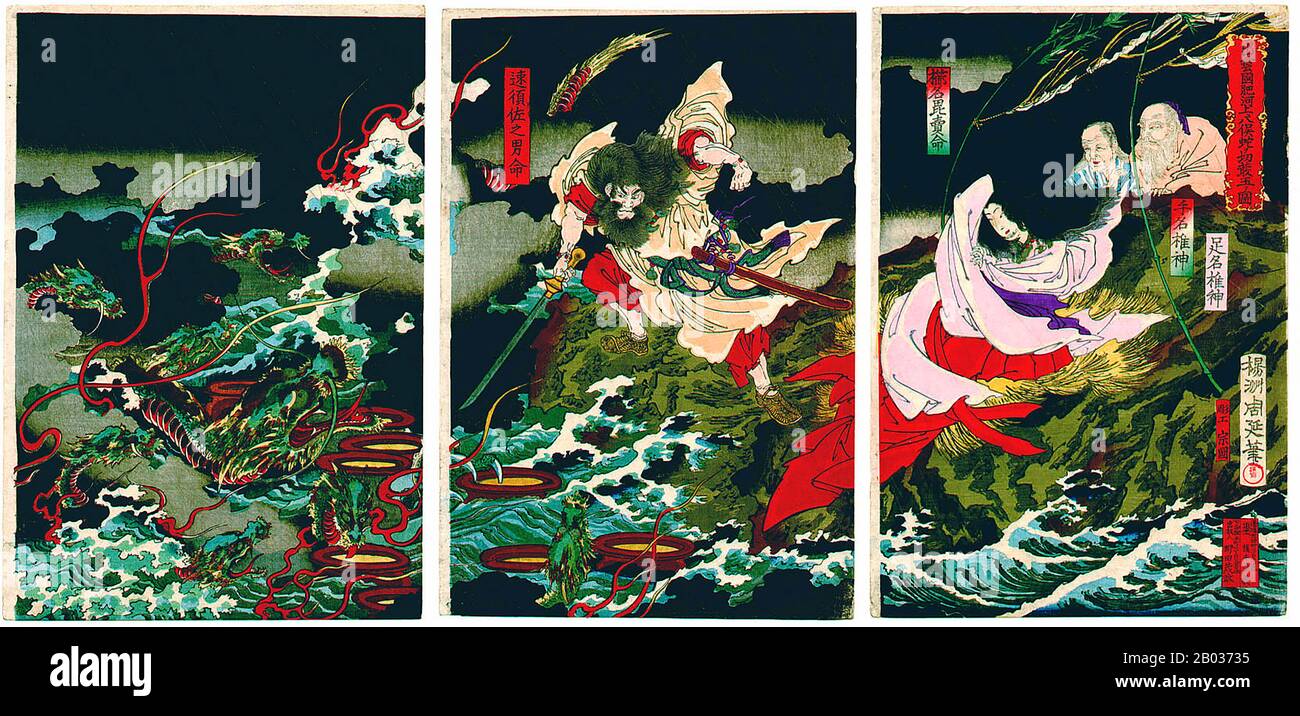 Susanoo-no-Mikoto, häufiger nur Susanoo oder Susano-o genannt, war ein Kami und gott im Shinto-Pantheon, Meister des Sturms und des Meeres. Er wurde, neben seinen Geschwistern Amaterasu und Tsukuyomi, geboren, als sich der schöpfergott Izanagi nach seiner Reise in die Yomi, die Unterwelt, wusch. Susano wurde aus Izanagi geboren, der seine Nase wasch. Susanoo war als heiß-köpfiger und gewalttätiger Mann bekannt und hatte eine langjährige Rivalität mit seiner Schwester Amaterasu. Nachdem er ihr einen Kelch verloren hatte, wütete er und tötete eine ihrer Begleiter, zerstörte ihre Reisfelder und schleuderte ein ausgefallenes Pony an ihrem Webstuhl. Für diesen Akt Stockfoto