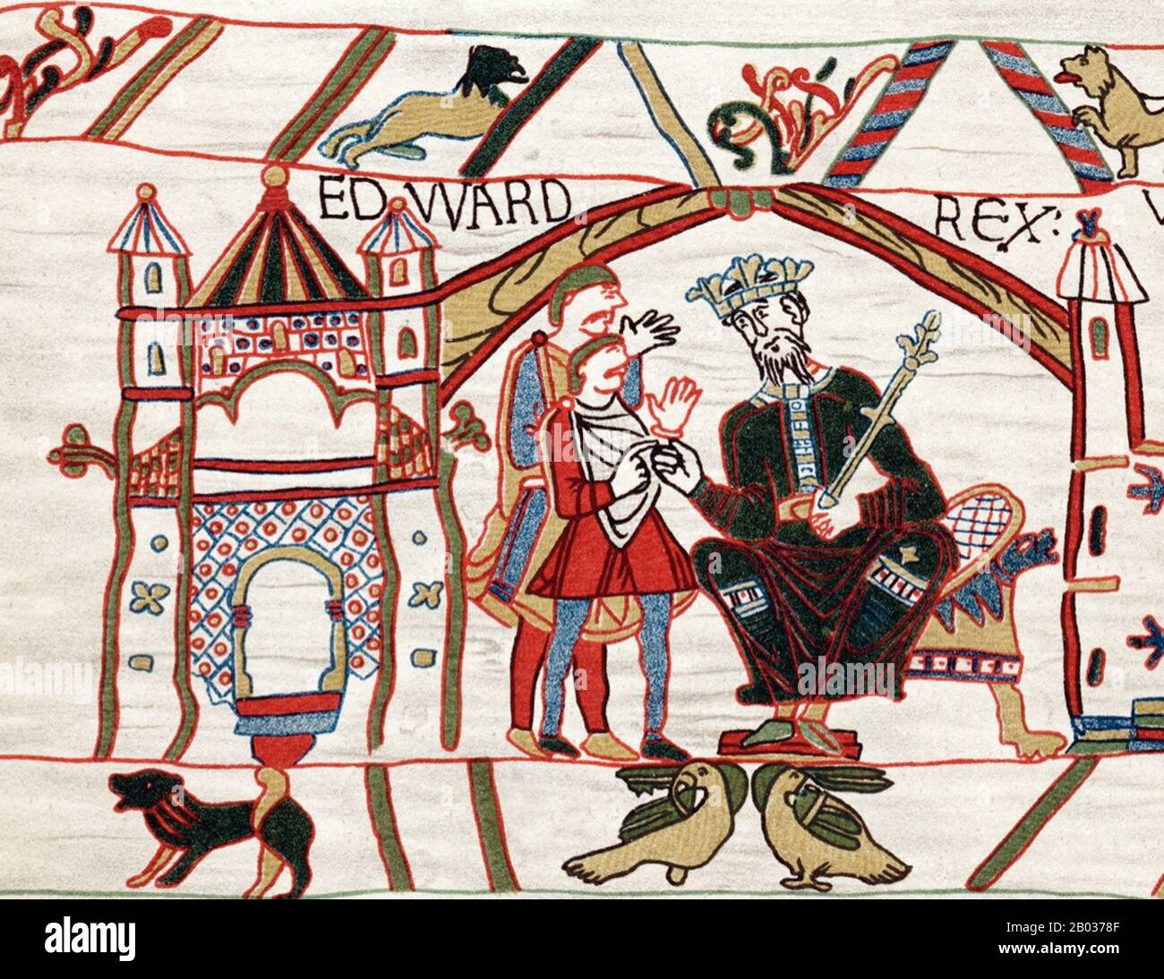 Edward the Confessor (1003 - 5. Januar 1066), auch bekannt als Saint Edward the Confessor, gehörte zu den letzten angelsächsischen Königen Englands und galt in der Regel als der letzte König des Hauses Wessex, der von 1042 bis 1066 regierte. Zwischen 1042 und 1052 begann Edward The Confessor mit dem Wiederaufbau der St Peter's Abbey in London, um sich eine königliche Grabkirche zu verschaffen. Es war die erste Kirche in England, die im Stil der Romanik erbaut wurde. Das Gebäude wurde erst um 1090 fertiggestellt, aber am 28. Dezember 1065 eingeweiht. Die einzige extante Darstellung von Edward's Abteikirche, zusammen mit dem angrenzenden Palast von Wes Stockfoto