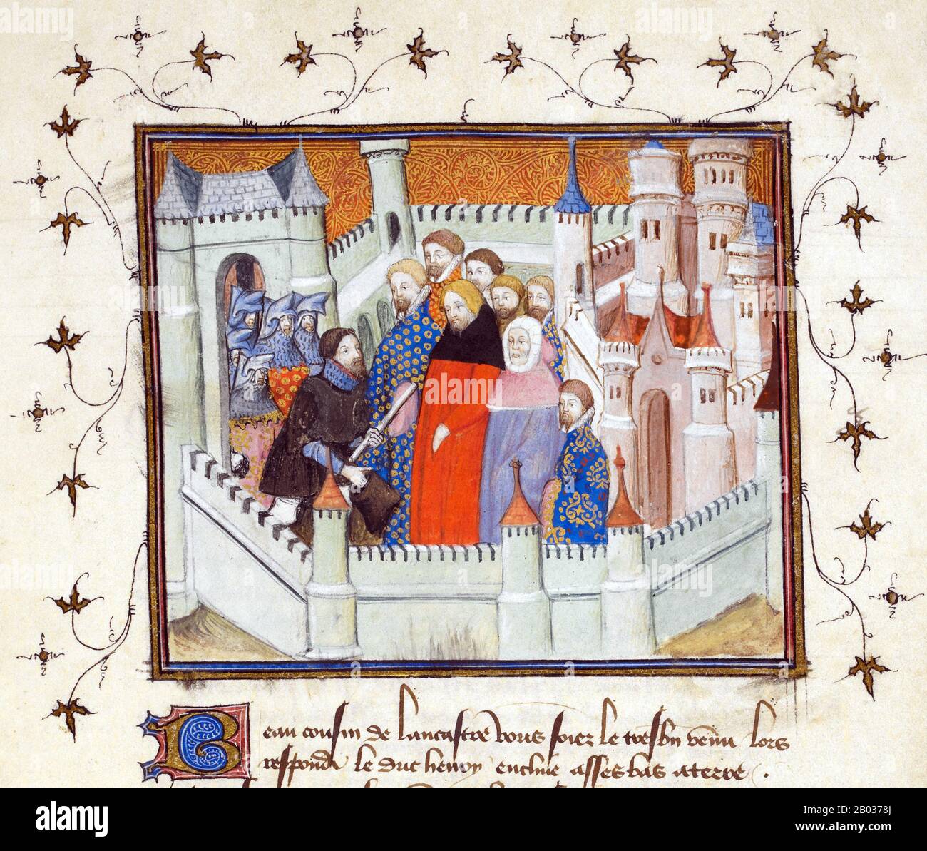 Richard II. (6. Januar 1367 - c Februar 1400), auch Richard von Bordeaux genannt, war von 1377 bis zur Entmachtung am 30. September 1399 König von England. Heinrich IV. (15. April 1367 - 20. März 1413), auch bekannt als Heinrich von Bolingbroke, war von 1399 bis 1413 König von England und Herr von Irland und behauptete den Anspruch seines Großvaters Edward III. Auf das Königreich Frankreich. Stockfoto