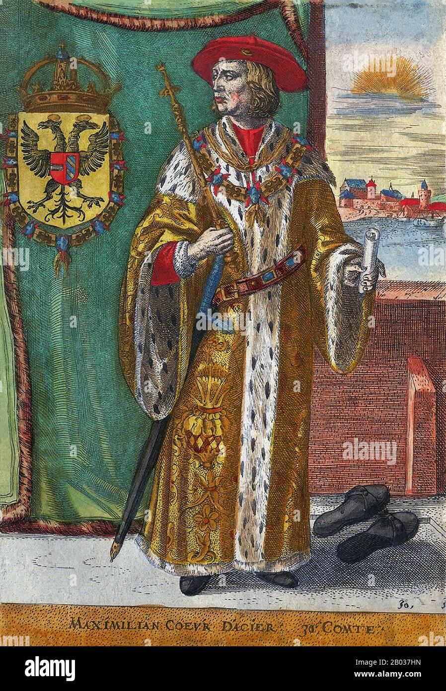 Maximilian I. (1459-1519) war der Sohn von Kaiser Friedrich III. Und wurde 1477 mit Maria von Burgundia, Tochter von Herzog Karl dem Kühnen, verheiratet und regierte die bedeutenden burgundischen Domänen durch seine Frau und ihre Kinder, als sie 1482 starb. Er wurde 1486 auf Initiative seines Vaters zum König von Deutschland gewählt und regierte bis zum Tod seines Vaters 1493 zusammen. Maximilian wurde dann Alleinherrscher und wurde zum Heiligen römischen Kaiser gekrönt. Die ersten Aktionen von Maximilian waren die Rückeroberung großer, von Ungarn besetzter Schwathen Österreichs. Er kämpfte während der italienischen Kriege und schloss sich der Heiligen Liga Agai an Stockfoto Maximilian I. (1459-1519) war der Sohn von Kaiser Friedrich III. Und wurde 1477 mit Maria von Burgundia, Tochter von Herzog Karl dem Kühnen, verheiratet und regierte die bedeutenden burgundischen Domänen durch seine Frau und ihre Kinder, als sie 1482 starb. Er wurde 1486 auf Initiative seines Vaters zum König von Deutschland gewählt und regierte bis zum Tod seines Vaters 1493 zusammen. Maximilian wurde dann Alleinherrscher und wurde zum Heiligen römischen Kaiser gekrönt. Die ersten Aktionen von Maximilian waren die Rückeroberung großer, von Ungarn besetzter Schwathen Österreichs. Er kämpfte während der italienischen Kriege und schloss sich der Heiligen Liga Agai an Stockfoto