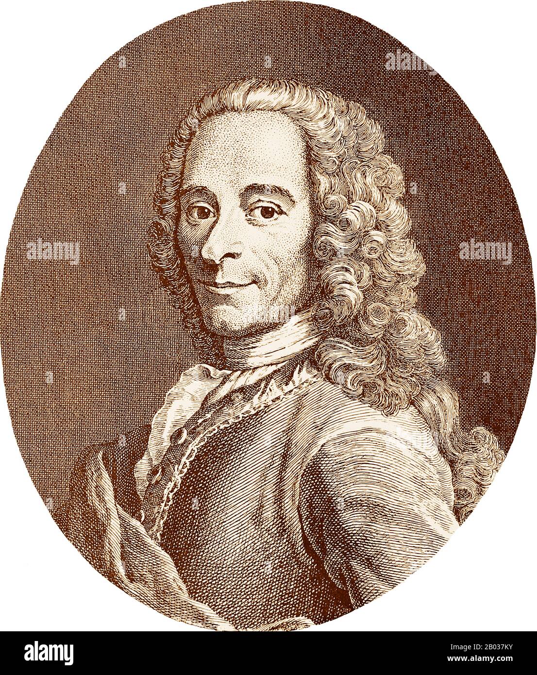 Francois-Marie Arouet (* 21. November 1694 in Paris; † 30. Mai 1958), bekannter unter seinem Namen de plume Voltaire, war ein französischer Historiker, Philosoph und Schriftsteller der Aufklärung. Er war berühmt für sein Eintreten für Religionsfreiheit, Redefreiheit und Trennung von Kirche und Staat und griff die katholische Kirche oft durch seinen Witz und seine Schriften an. Voltaire war ein produktiver und vielseitiger Schriftsteller mit mehr als 20.000 Briefen und über 2.000 Büchern und Broschüren zu seinem Namen sowie Theaterstücken, Gedichten, Aufsätzen und historischen und wissenschaftlichen Werken. Trotz der strengen Zensur Gesetze der Zeit, Voltaire oft Stockfoto