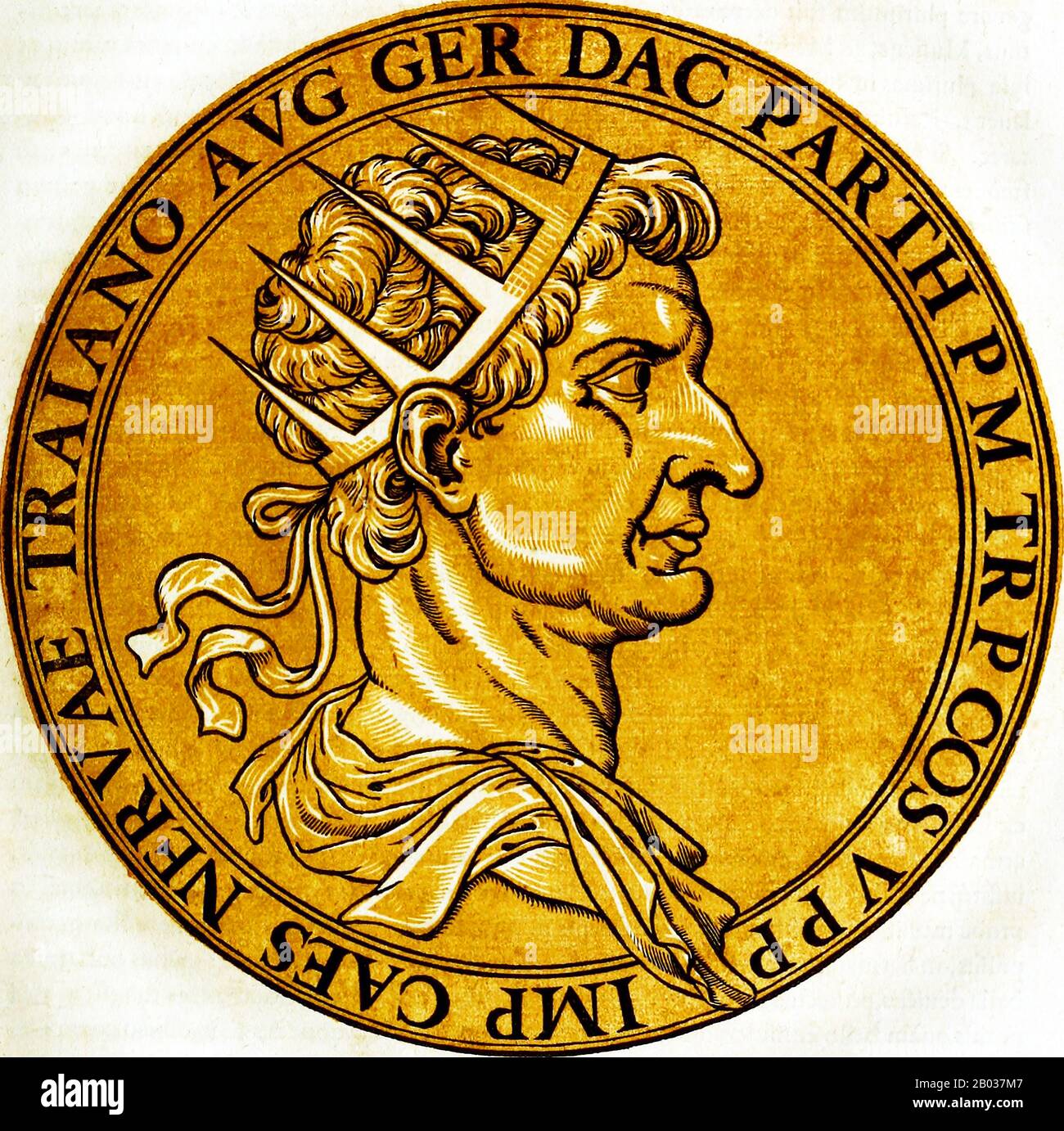 Marcus Ulpius Traianus, Trajan, wurde 53 v. Chr. in der Provinz Hispania Baetica in eine nicht-patrizische Familie geboren. Er trat während der Herrschaft Domitians in den Vordergrund und kämpfte in zahlreichen Feldzügen. Er wurde 97 v. Chr. als Erbe und Nachfolger von Nerva adoptiert, der Kaiser sah sich gezwungen, dies von der Prätorianergarde zu tun. Trajan wurde 98 nach dem Tod seines Vorgängers Kaiser. Trajan gilt als einer der größten Kaiser des römischen Imperiums, wobei der senat ihn offiziell zum "optimus princeps" oder "besten Feldherrn" erklärt. Er war ein sehr erfolgreicher Soldatenkaiser, der die größte militärische Expansion in leitete Stockfoto