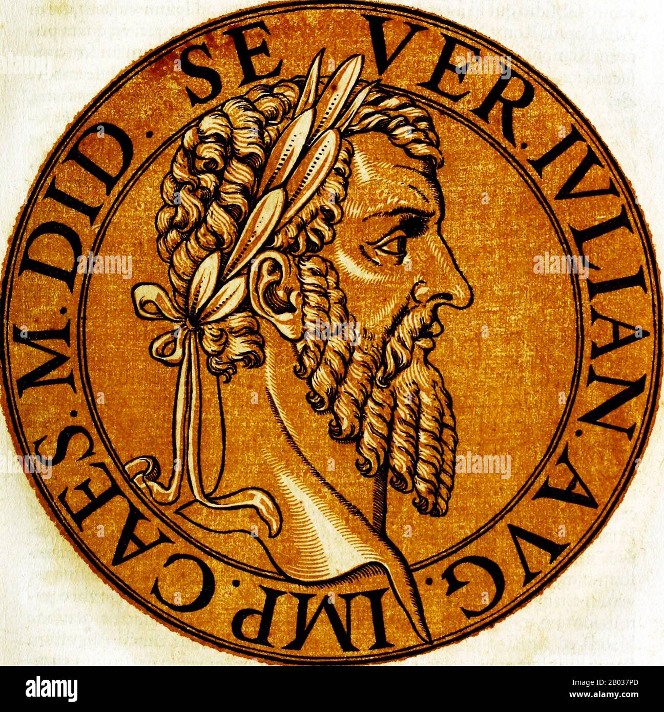 Didius Julianus (133/137-193 CE) wurde von Domitia Lucilla, der Mutter von Kaiser Marcus Aurelius, erhoben und war für öffentliche Ämter und Unterscheidung gepflegt. Er diente in der römischen Armee und wurde 175 CE für seine Erfolge gegen die Germanenstämme zum Konsulat neben Pertinax erhoben. Nachdem die Praetorian Garde Pertinax im März 193 CE ermordet hatte, setzten sie den Kaiserthron zum bieten auf, der bereit war, ihn zu verkaufen, an wen es am meisten zahlen konnte. Julianus gewann den Bieterkrieg und wurde zum Cäsar und Kaiser erklärt, wobei der Senat die Erklärung unter militärischer Bedrohung formalisierte. Seine Kontroversen Stockfoto